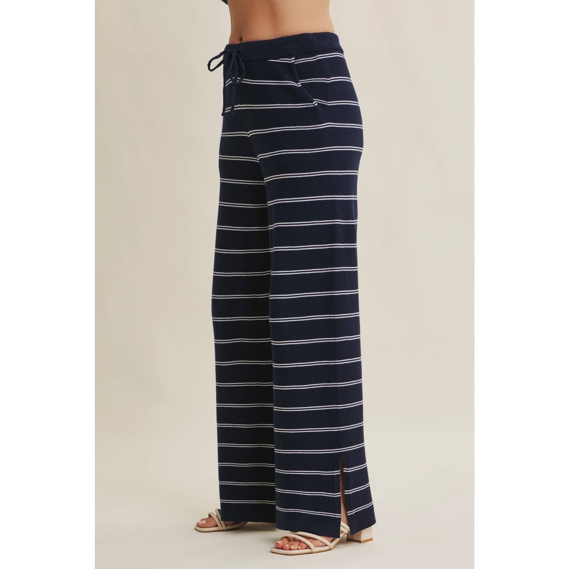 Navy Stripe Wide-Leg Linen-Cotton Knit Pants
