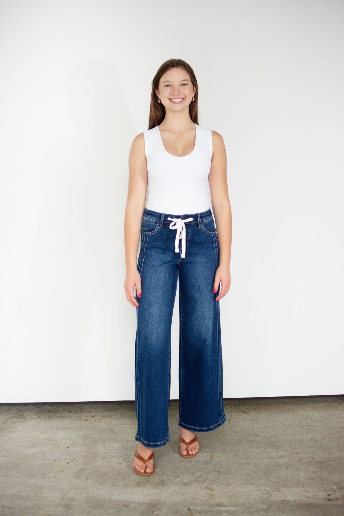 RISEN Elastic Band High Rise Wide Leg Side Pintuck Front Drawstring Jeans