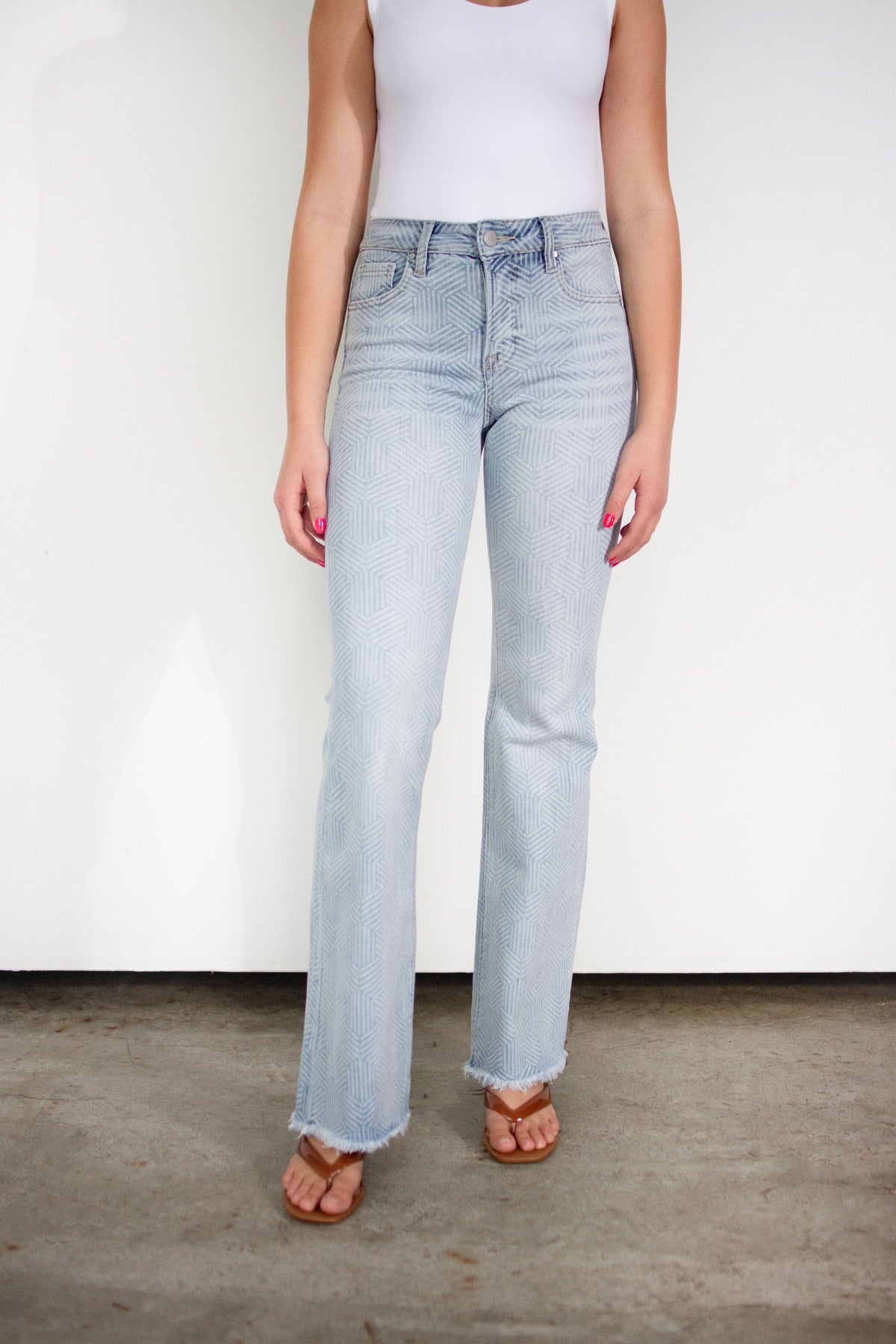 RISEN Sculpting High-Rise Flare Jeans – Geometric Print & Tummy Control