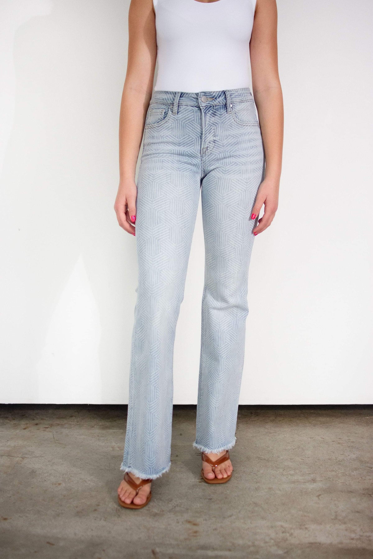 RISEN Sculpting High-Rise Flare Jeans – Geometric Print & Tummy Control