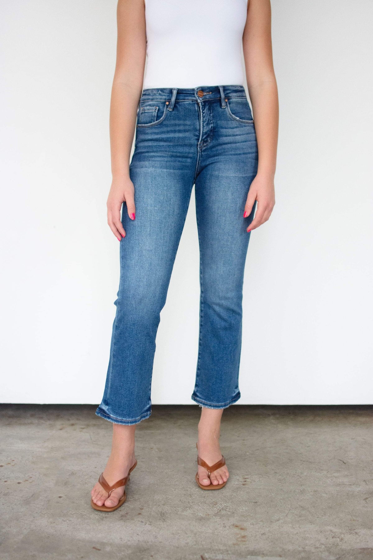 RISEN Dark Wash Tummy Control High Rise Crop Bootcut Jeans