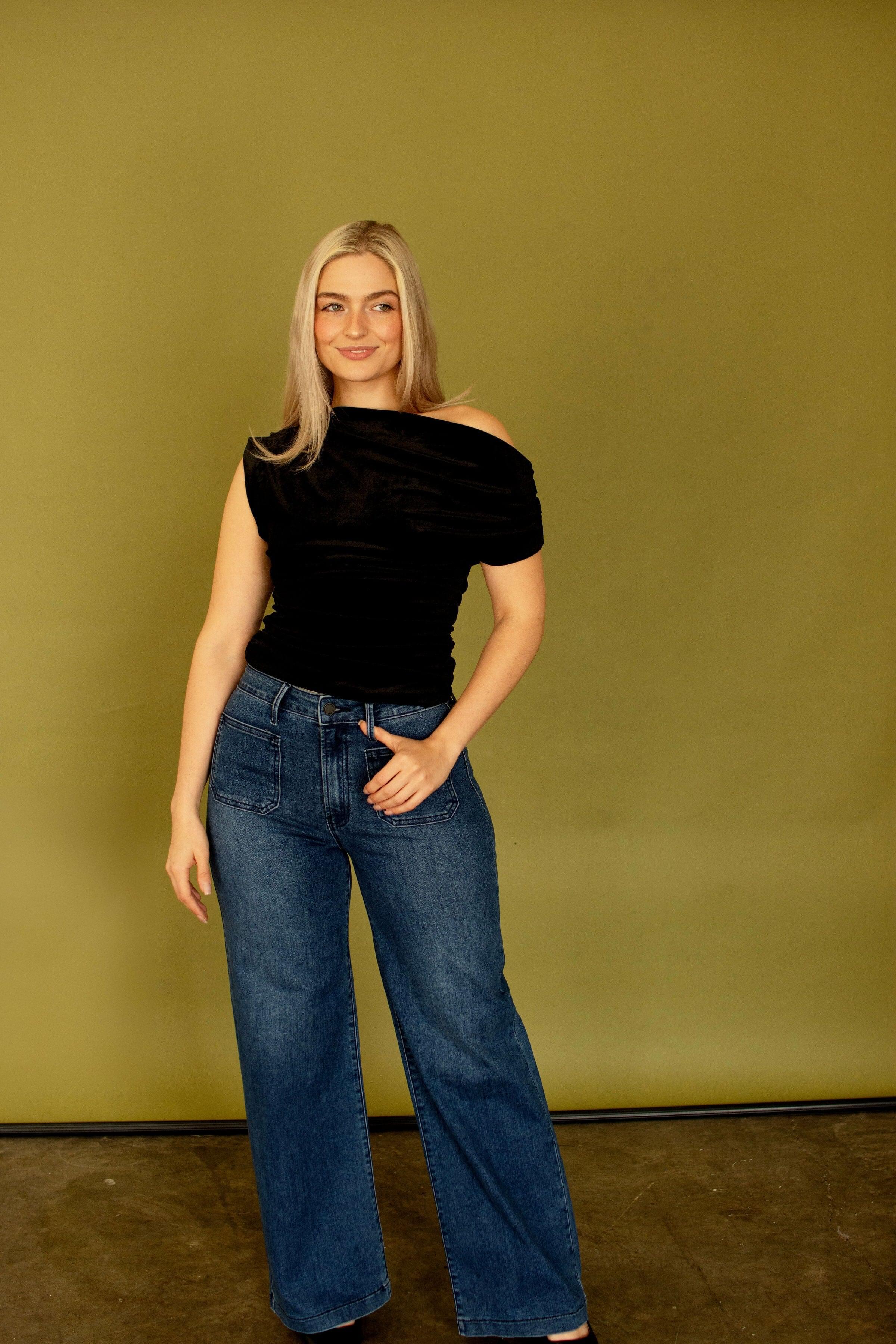 Black Asymmetrical Neckline Velvet Top