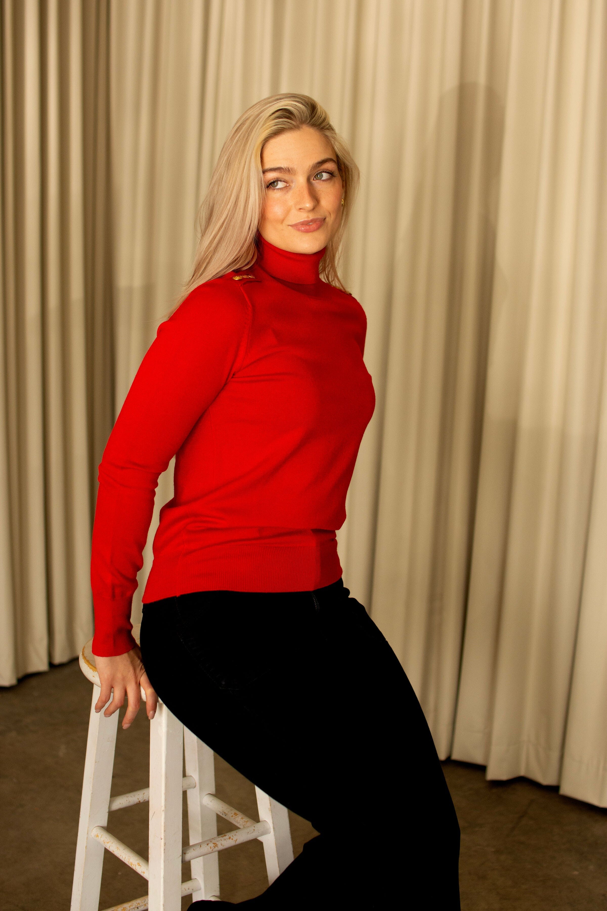 Red Gold Button Detail Turtleneck Top