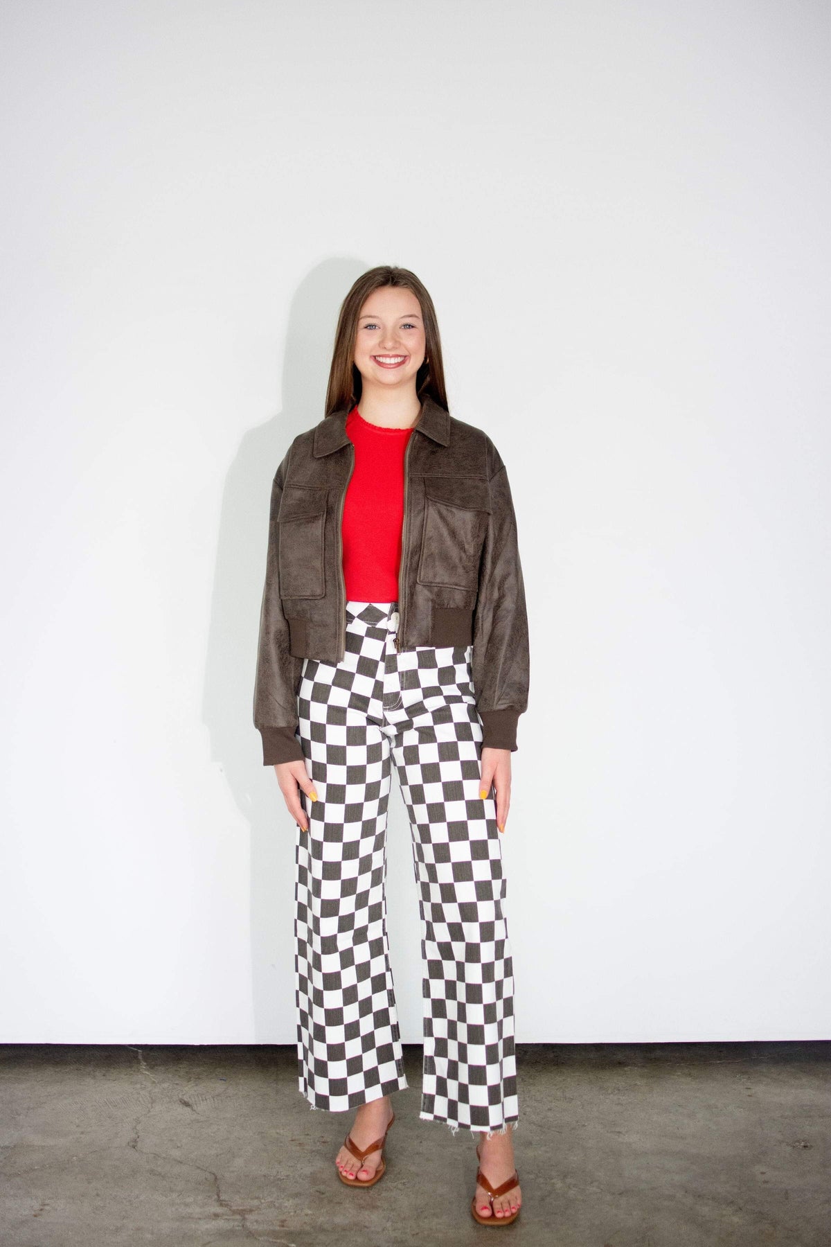 Charcoal Checkerboard High-Rise Wide-Leg Stretch Pants