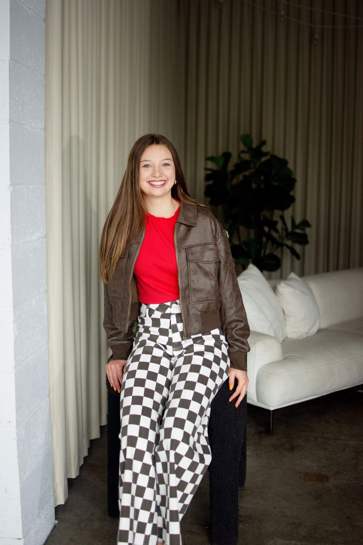 Charcoal Checkerboard High-Rise Wide-Leg Stretch Pants