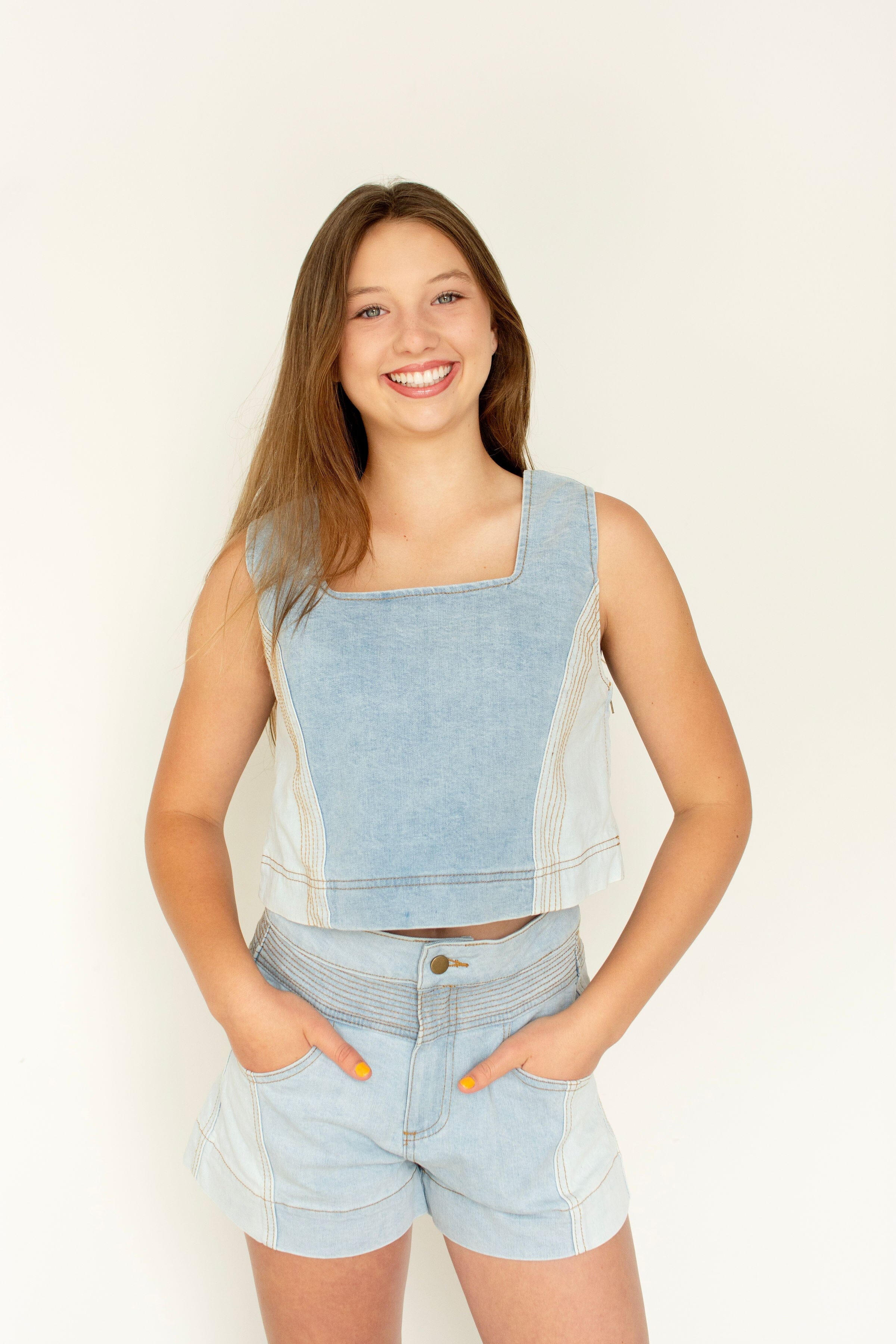 Mix Denim Color Block Sleeveless Top
