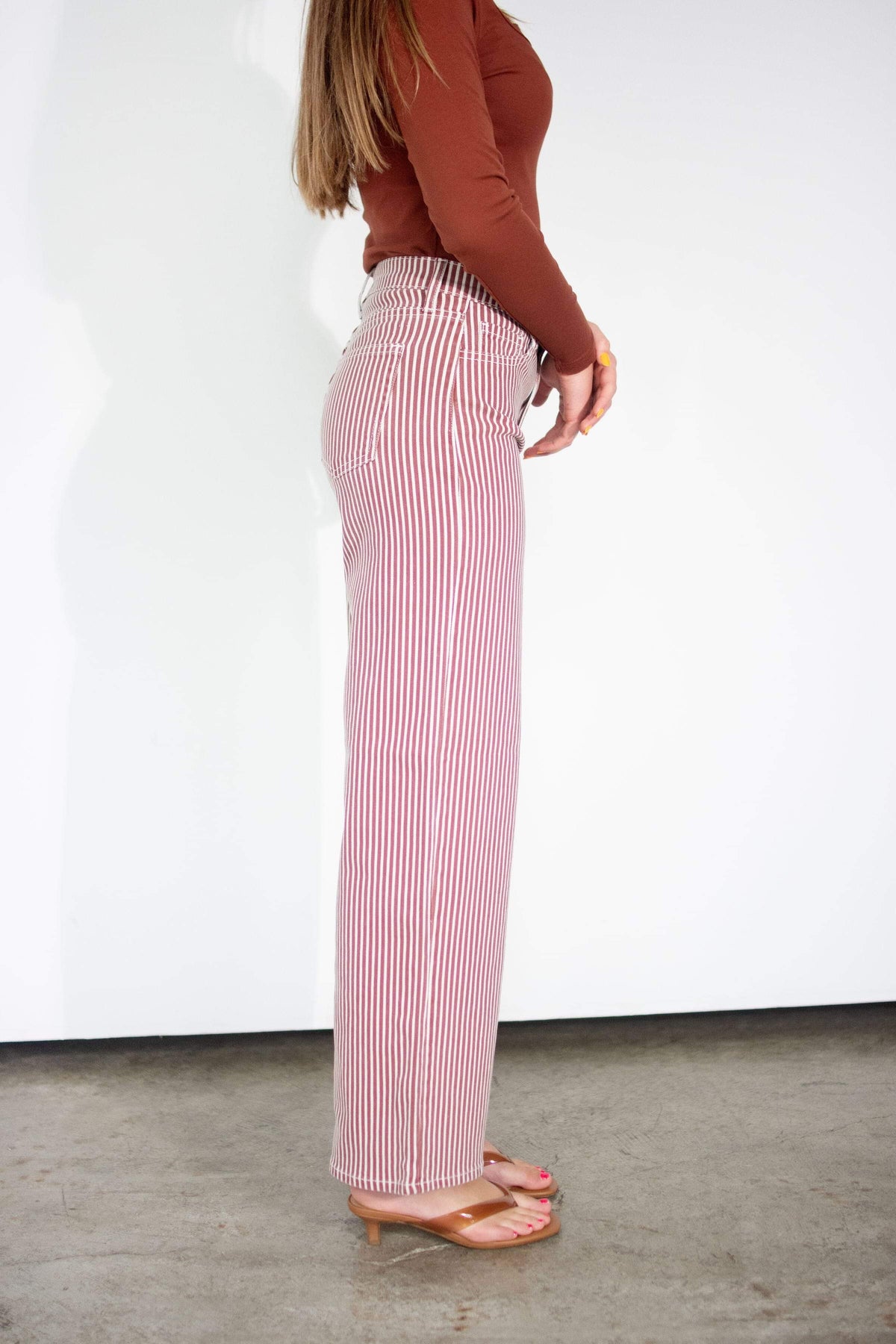 Just Black Denim High Rise Relaxed Wide Leg Jeans - Spice Brown Stripe