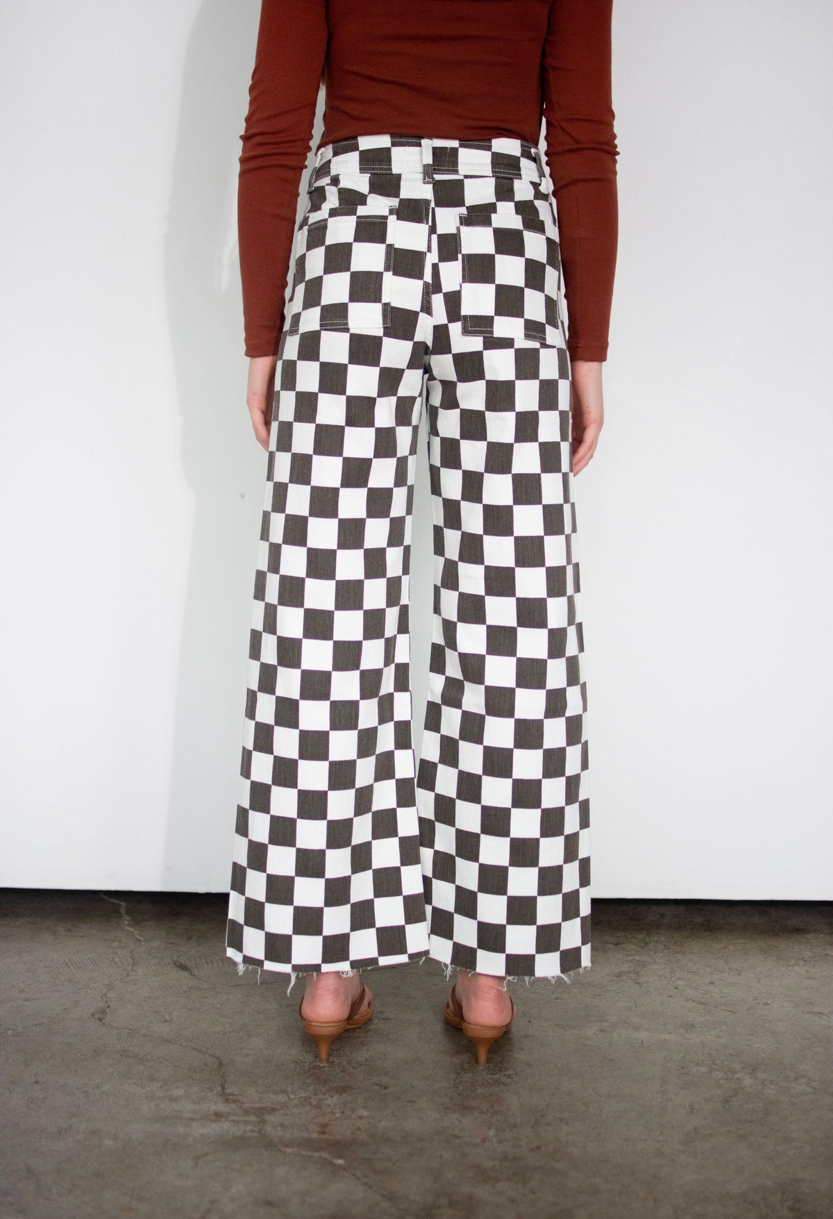 Charcoal Checkerboard High-Rise Wide-Leg Stretch Pants
