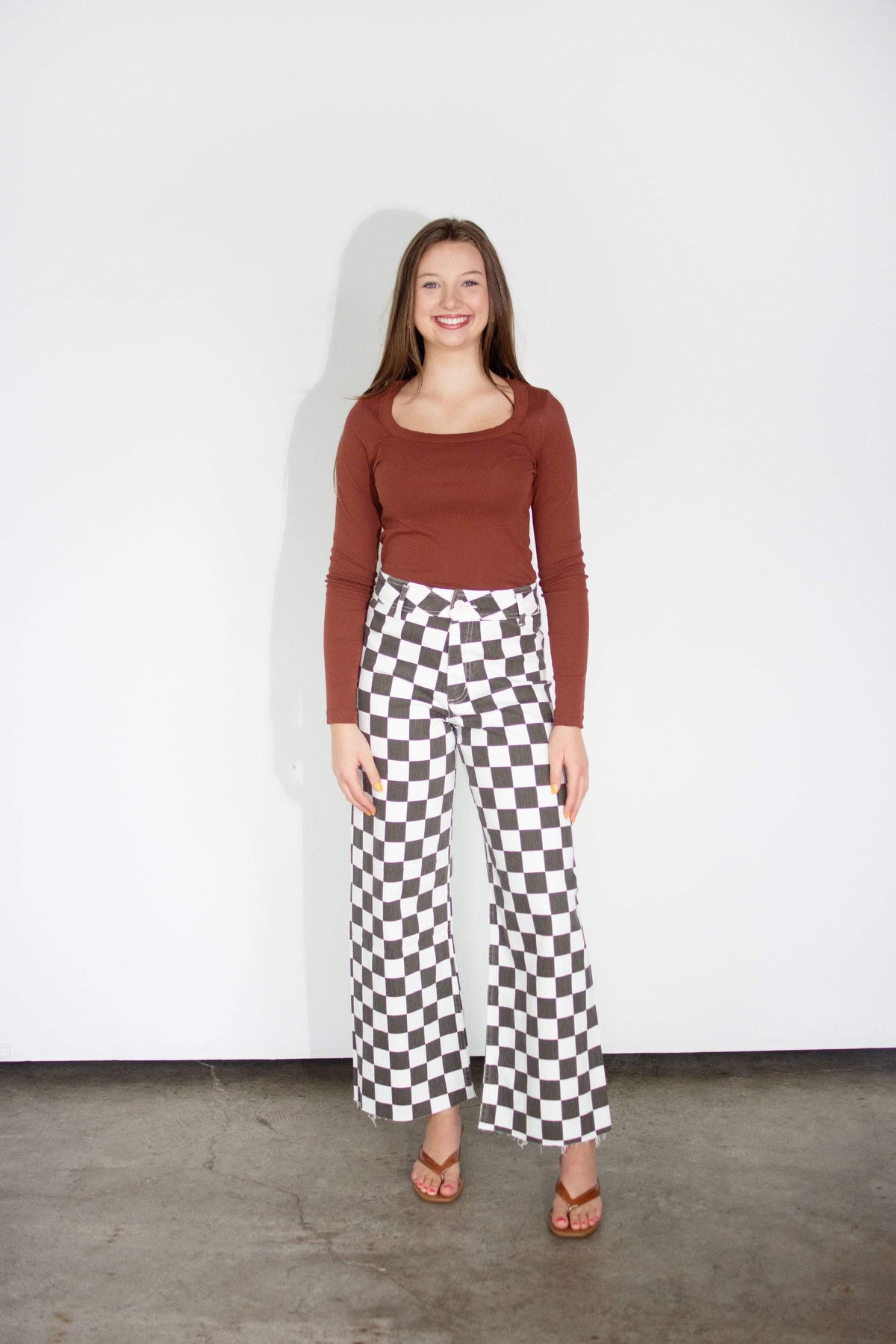 Charcoal Checkerboard High-Rise Wide-Leg Stretch Pants