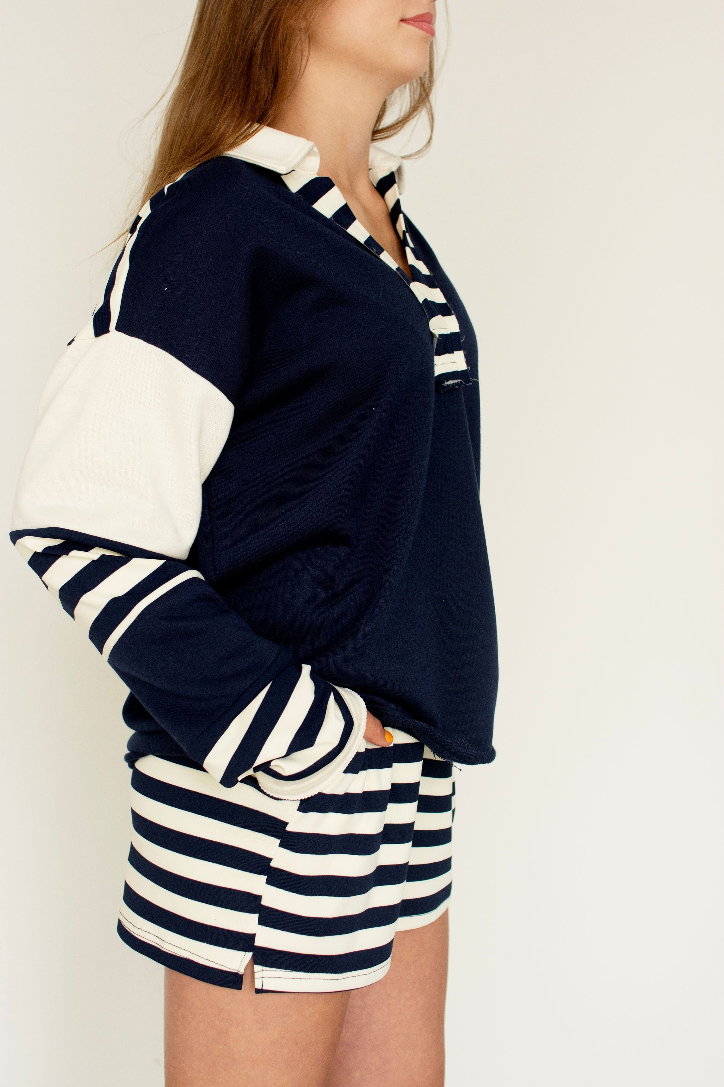 Coastal Stripe Relaxed French Terry Collared Top
