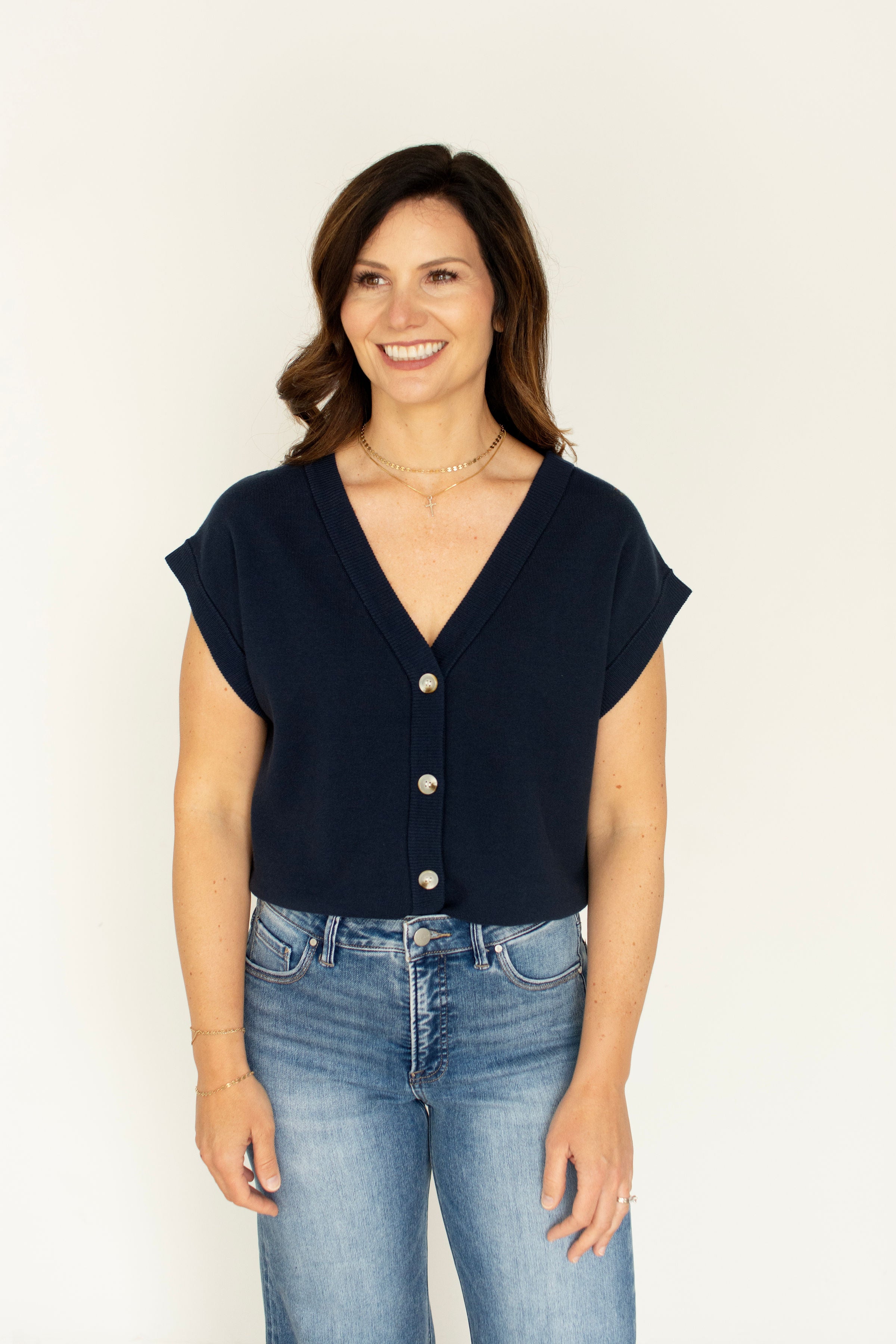 Navy Cotton Button-Front Sweater Vest | Timeless Knit Layering Essential