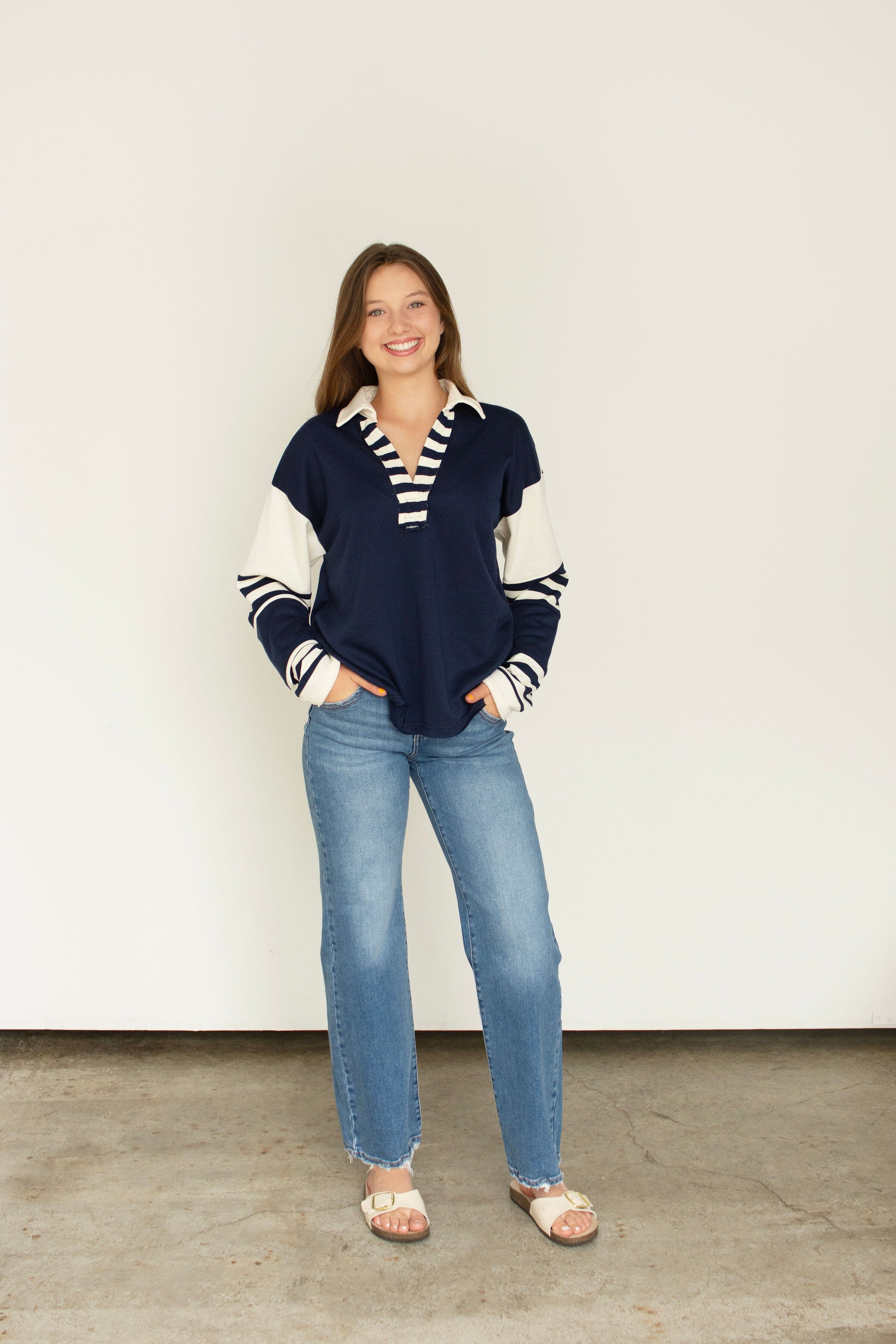 Coastal Stripe Relaxed French Terry Collared Top