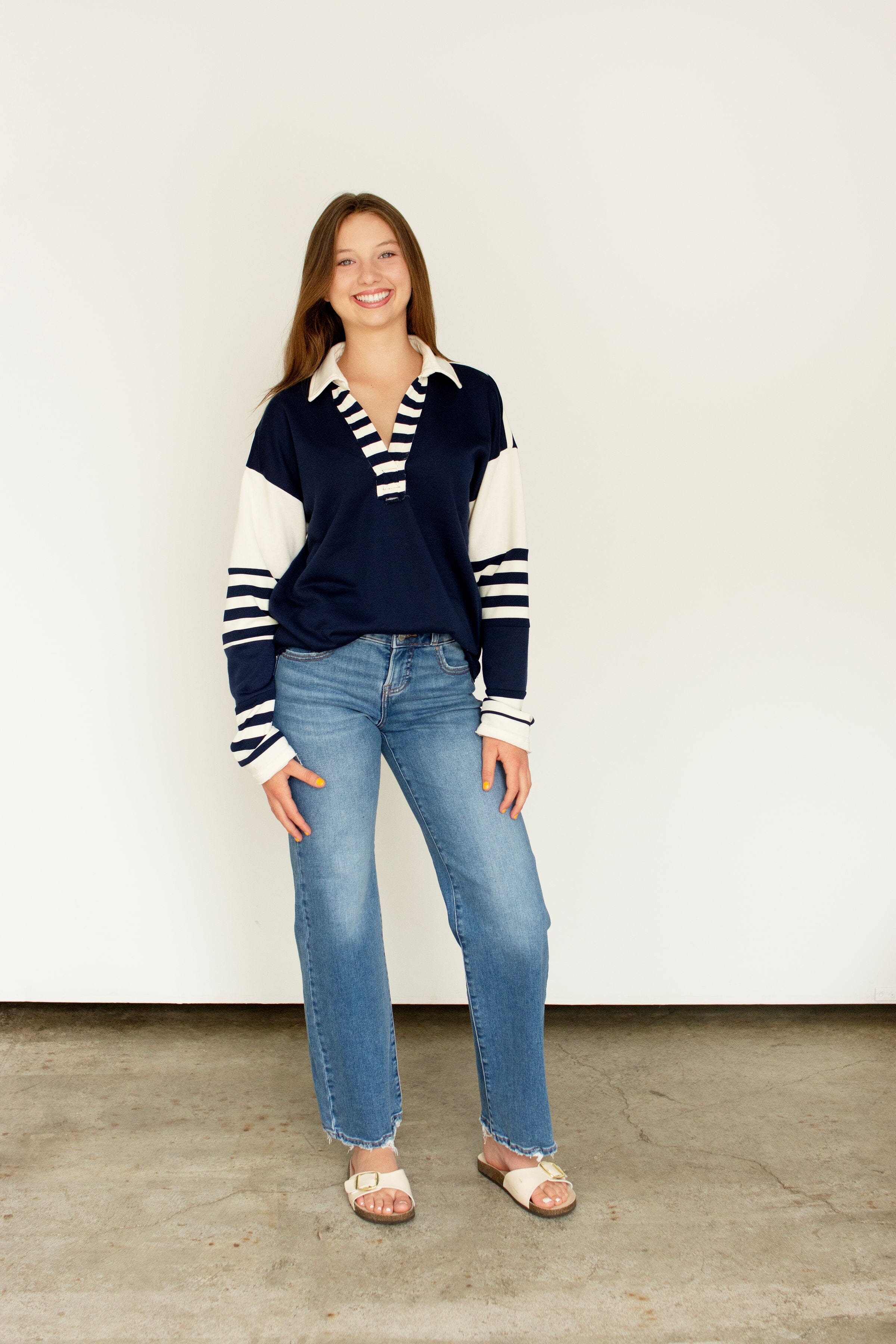 Coastal Stripe Relaxed French Terry Collared Top