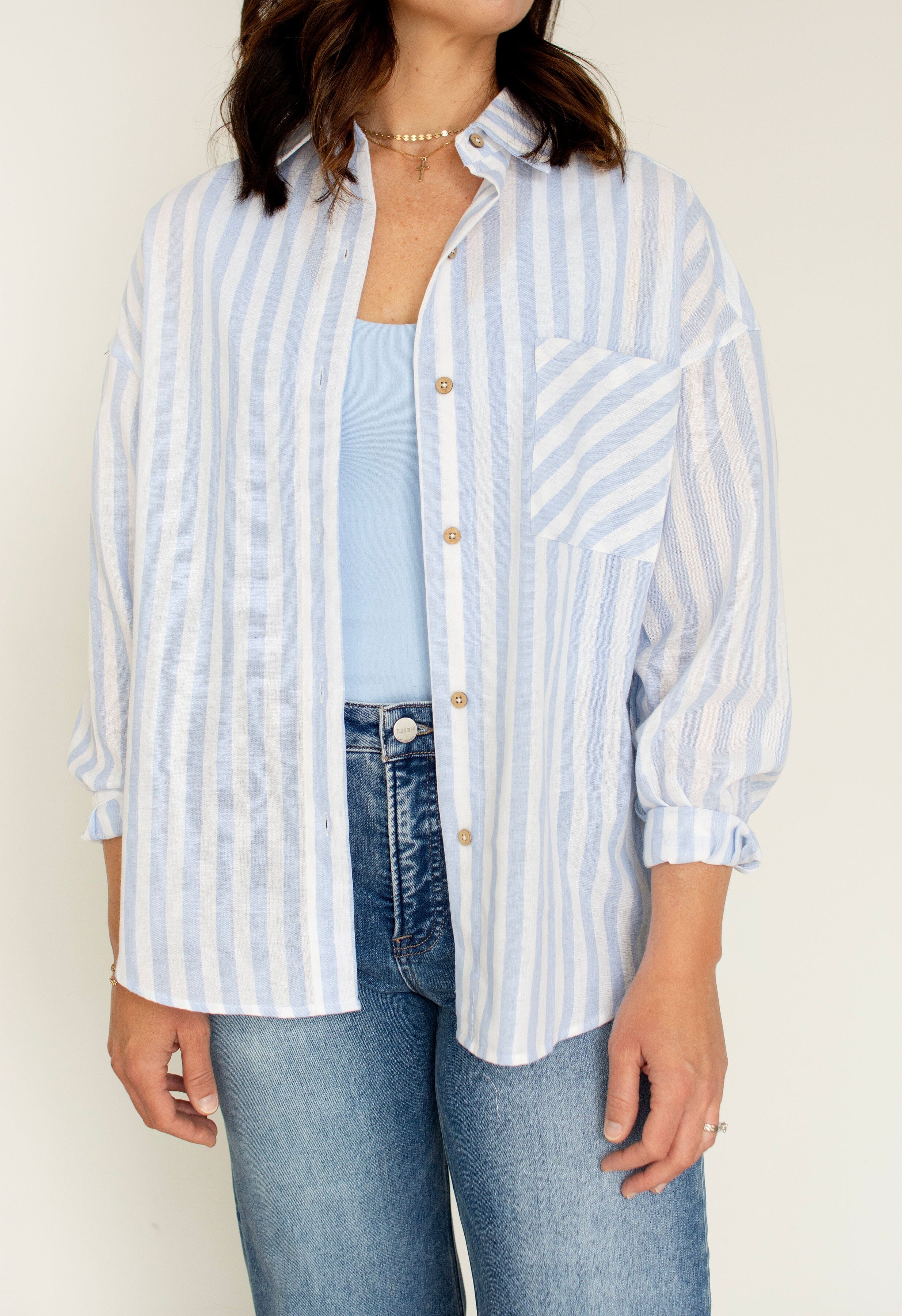 The Coastal Classic | Relaxed Blue Striped Cotton Button-Down Top