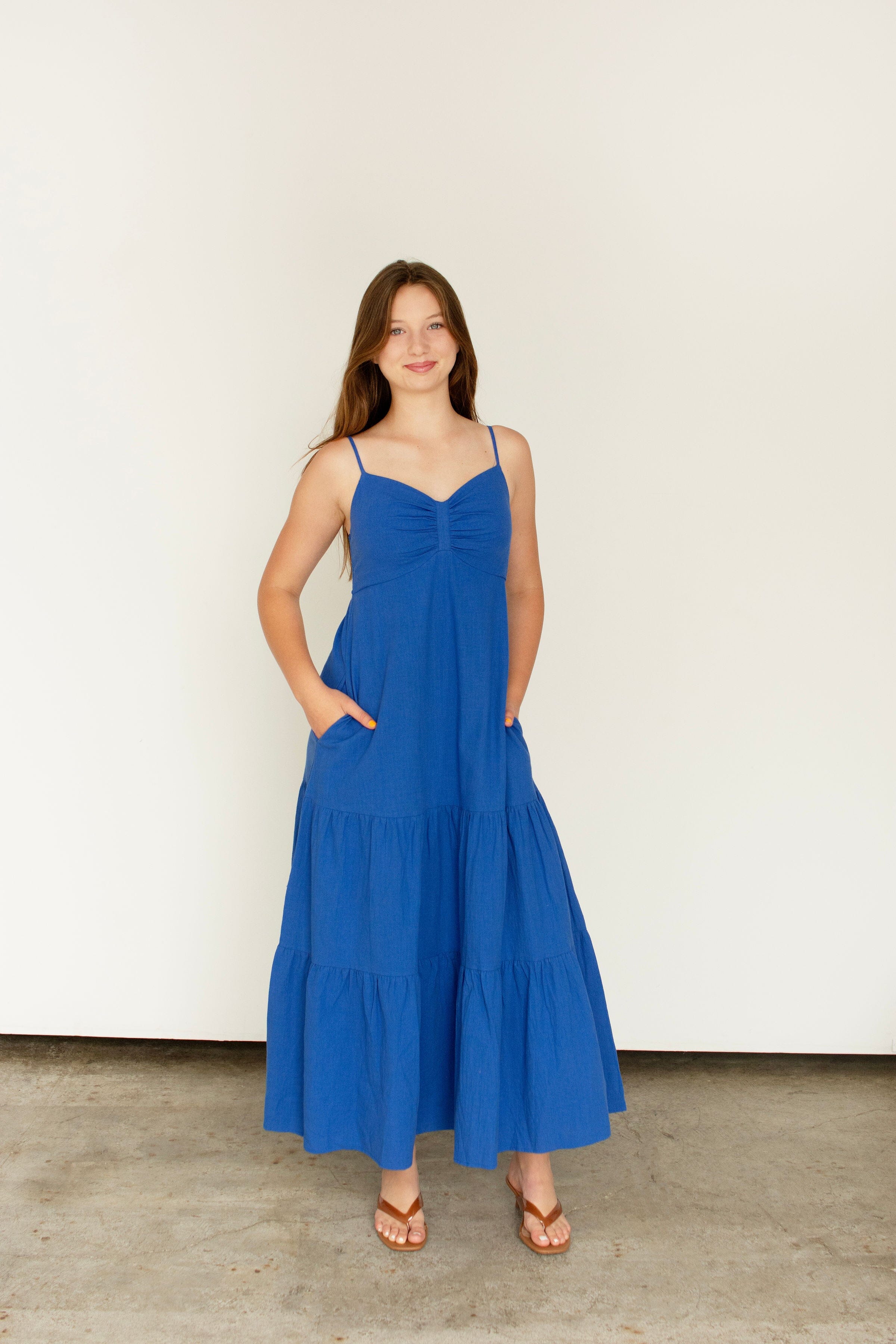 Royal Blue Smocked Back Ruched Cotton Maxi Dress with Pockets