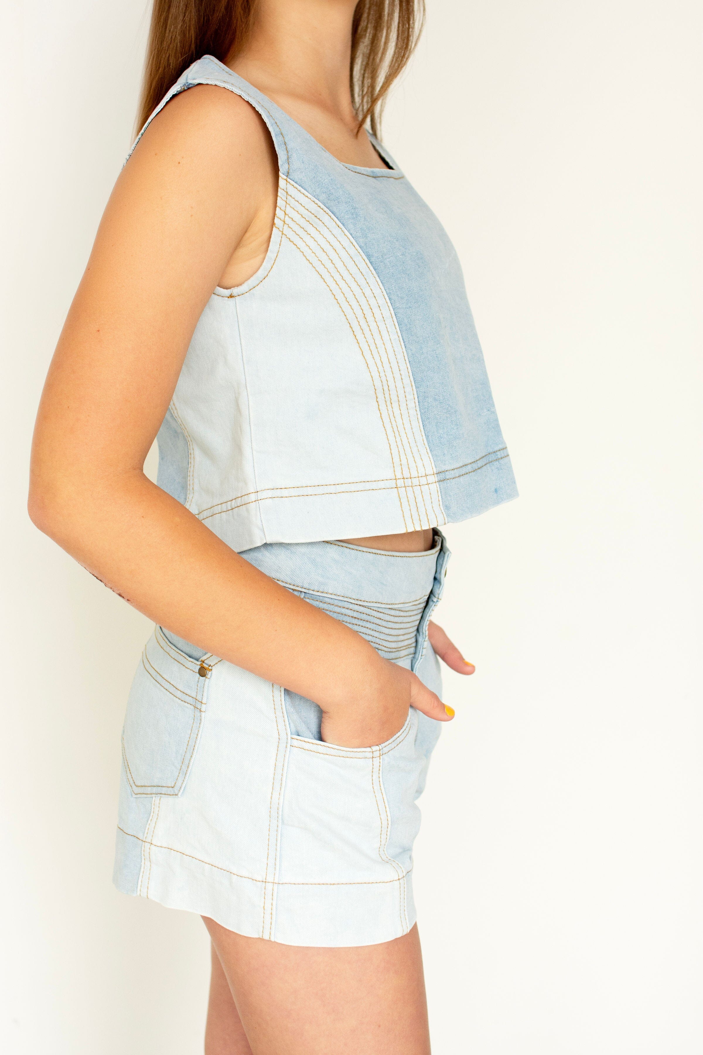 Mix Denim Color Block Sleeveless Top