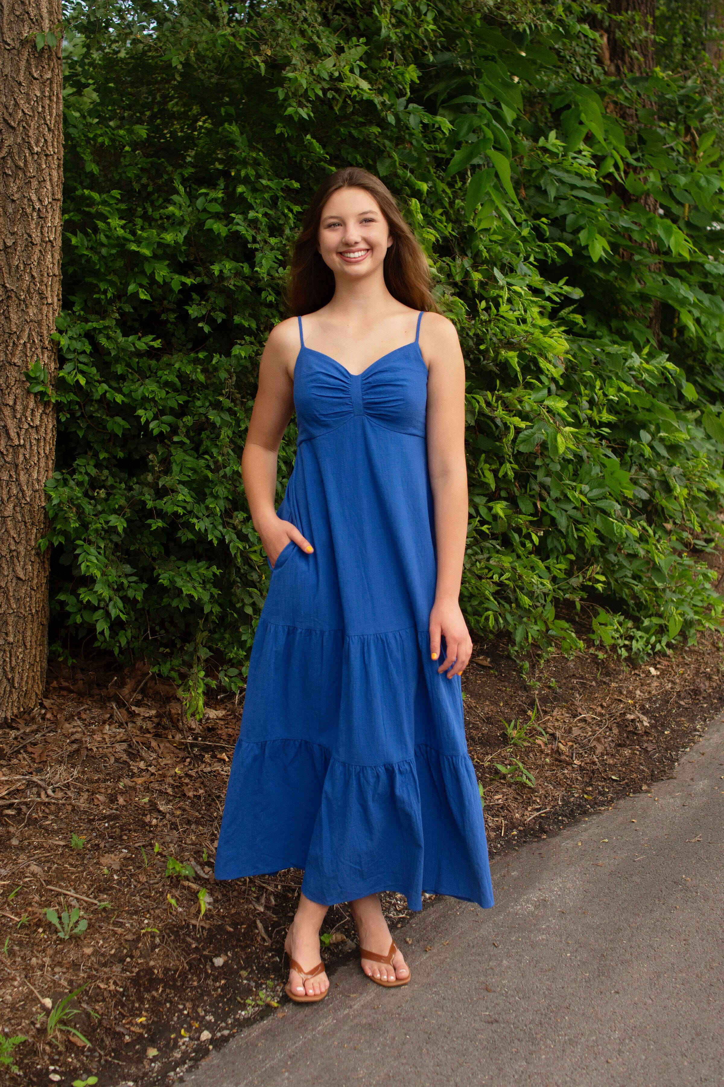 Royal Blue Smocked Back Ruched Cotton Maxi Dress with Pockets