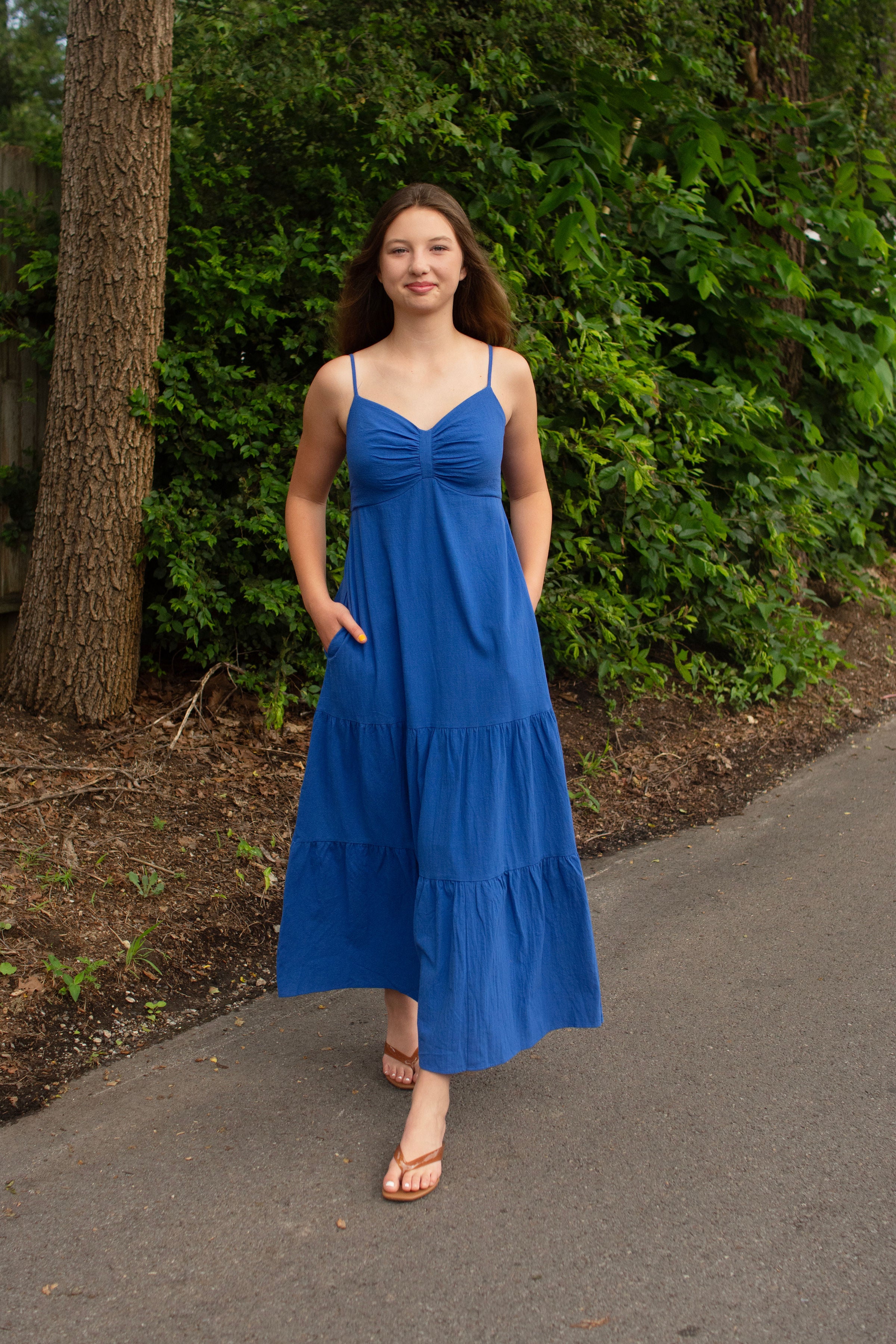 Royal Blue Smocked Back Ruched Cotton Maxi Dress with Pockets