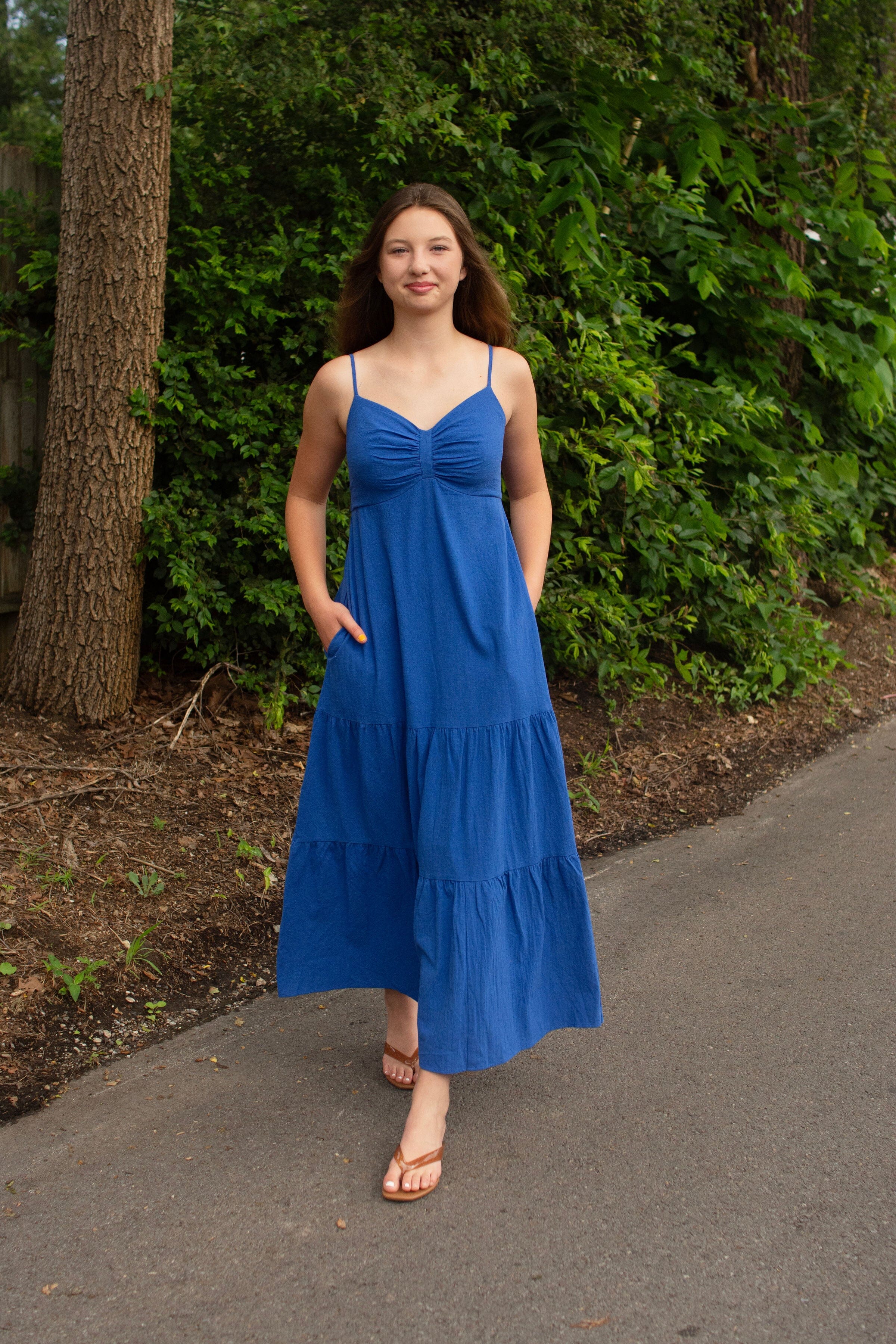 Royal Blue Smocked Back Ruched Cotton Maxi Dress with Pockets