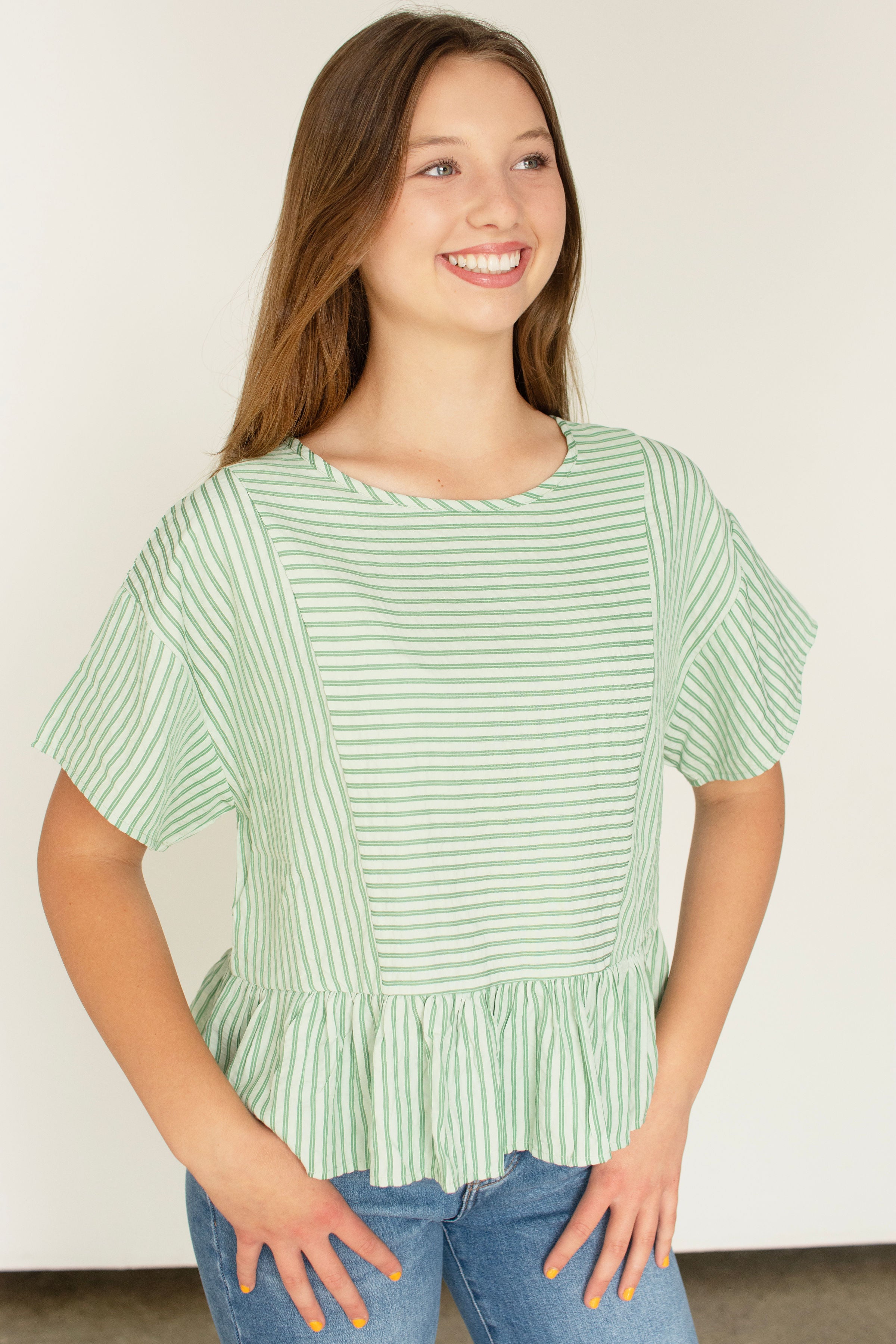 Clover Green Textured Stripe Babydoll Peplum Blouse