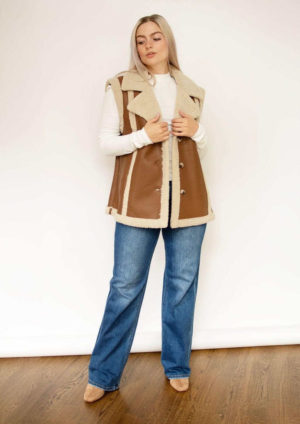 Brown Faux Leather Shearling Vest