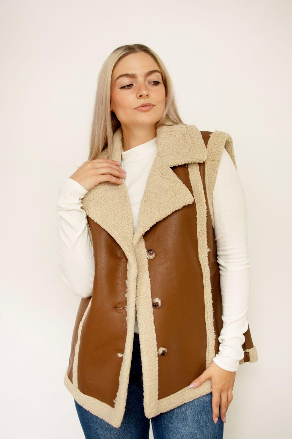 Brown Faux Leather Shearling Vest