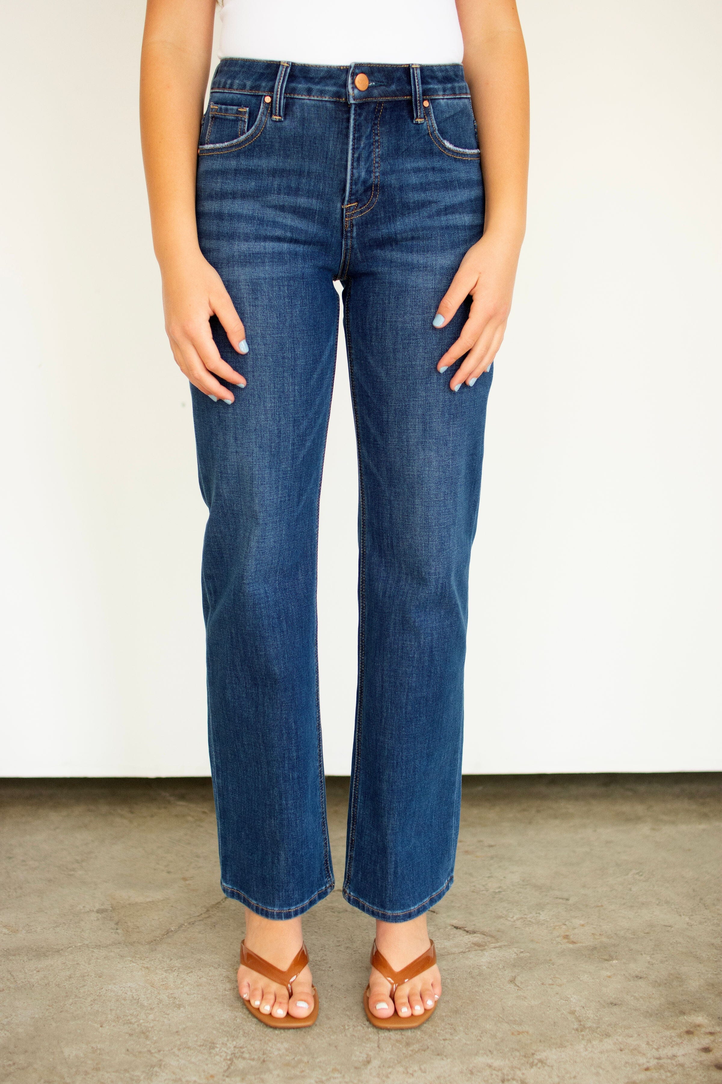 RISEN Dark Wash Tummy Control 4-way Stretch High Rise Straight Leg Jeans