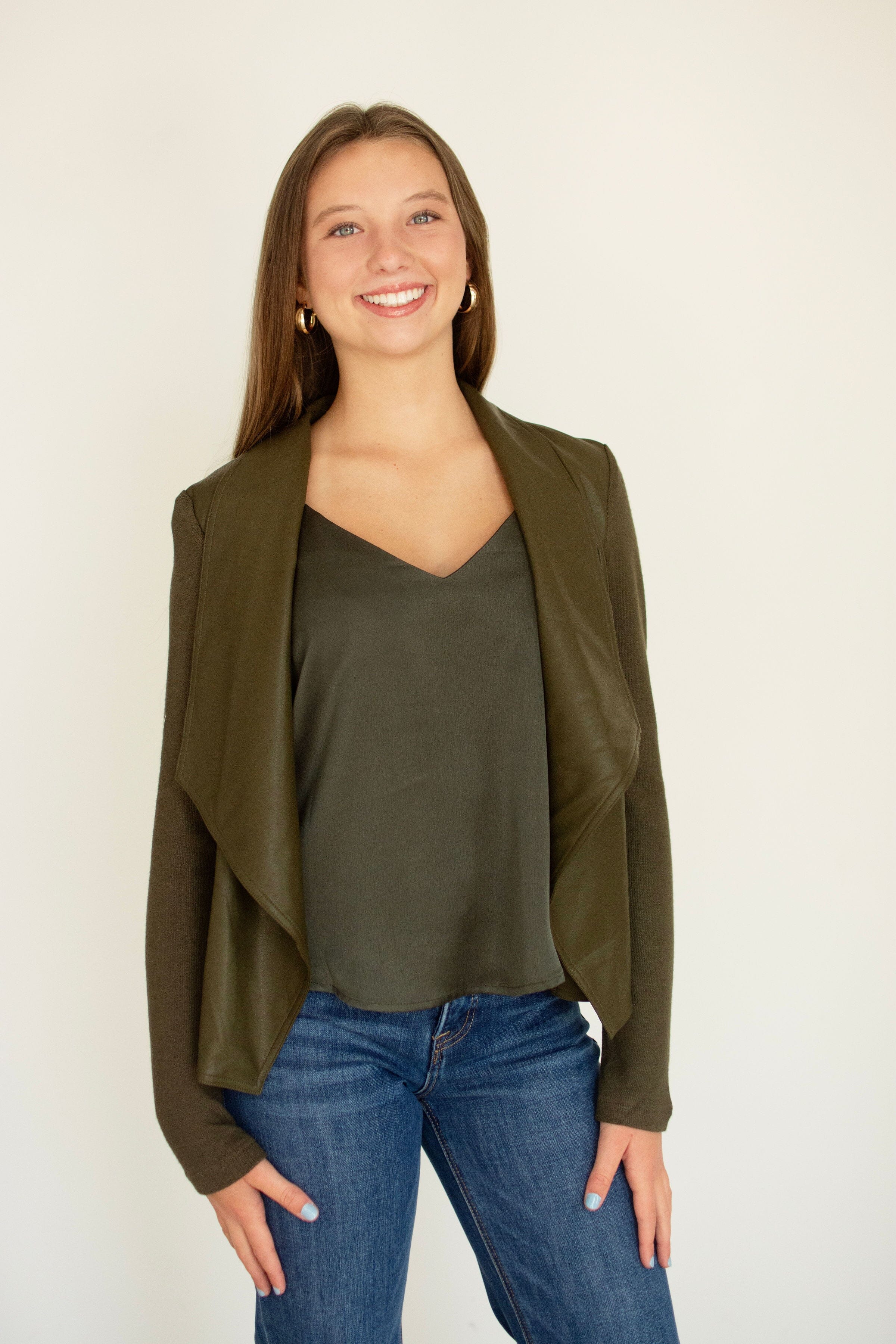 Olive Mixed Media Faux Leather Waterfall Jacket