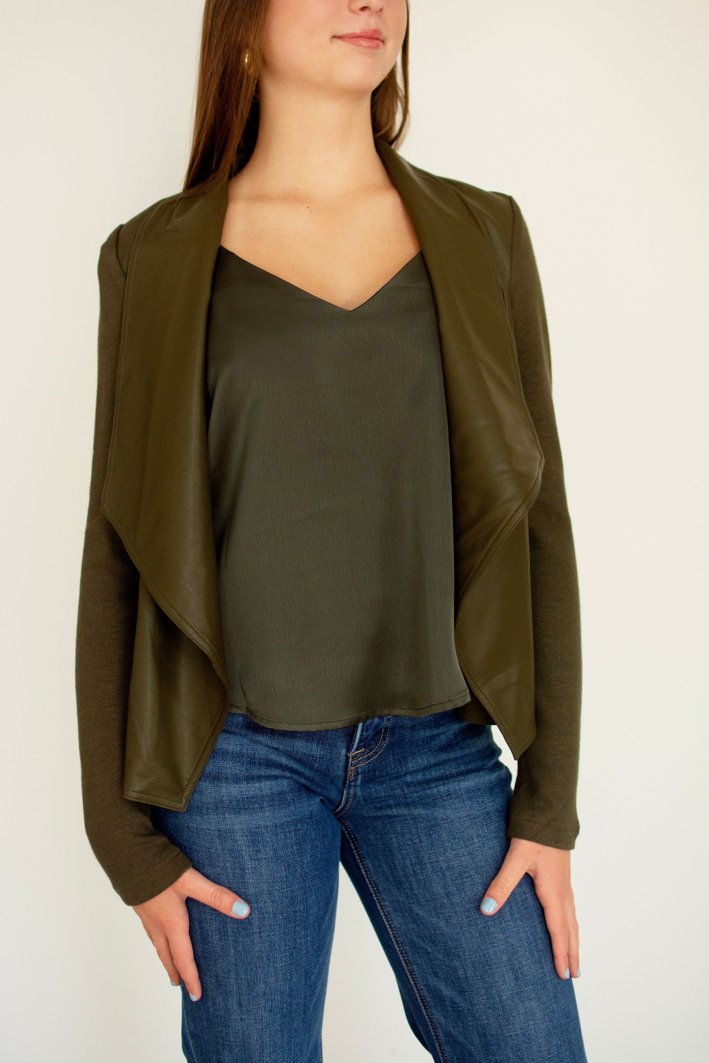 Olive Mixed Media Faux Leather Waterfall Jacket