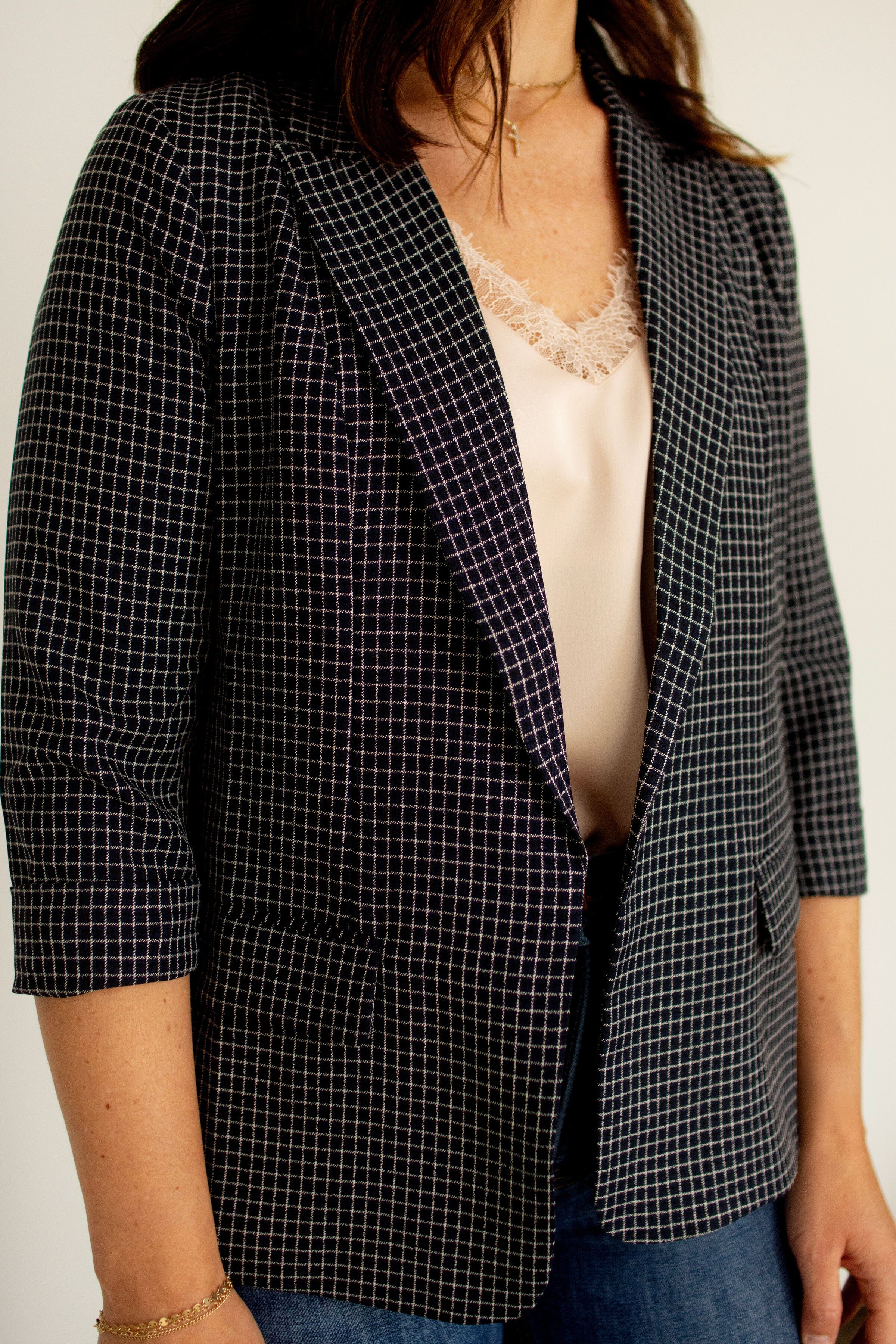 Navy Grid Print Cuffed 3/4 Sleeve Blazer - Modern Tailored Fit