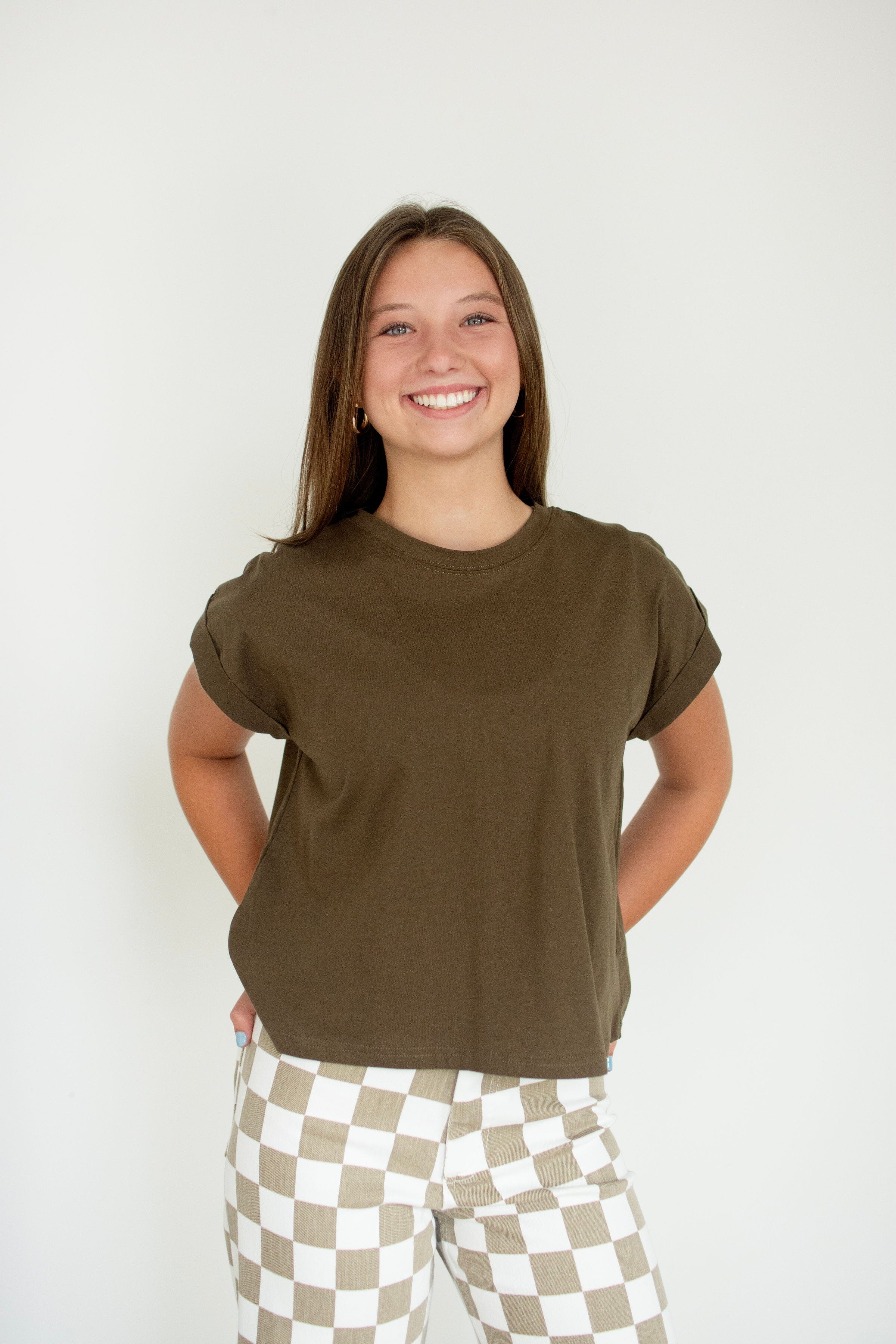 Essential Olive 100% Cotton Cuffed Sleeve Tee