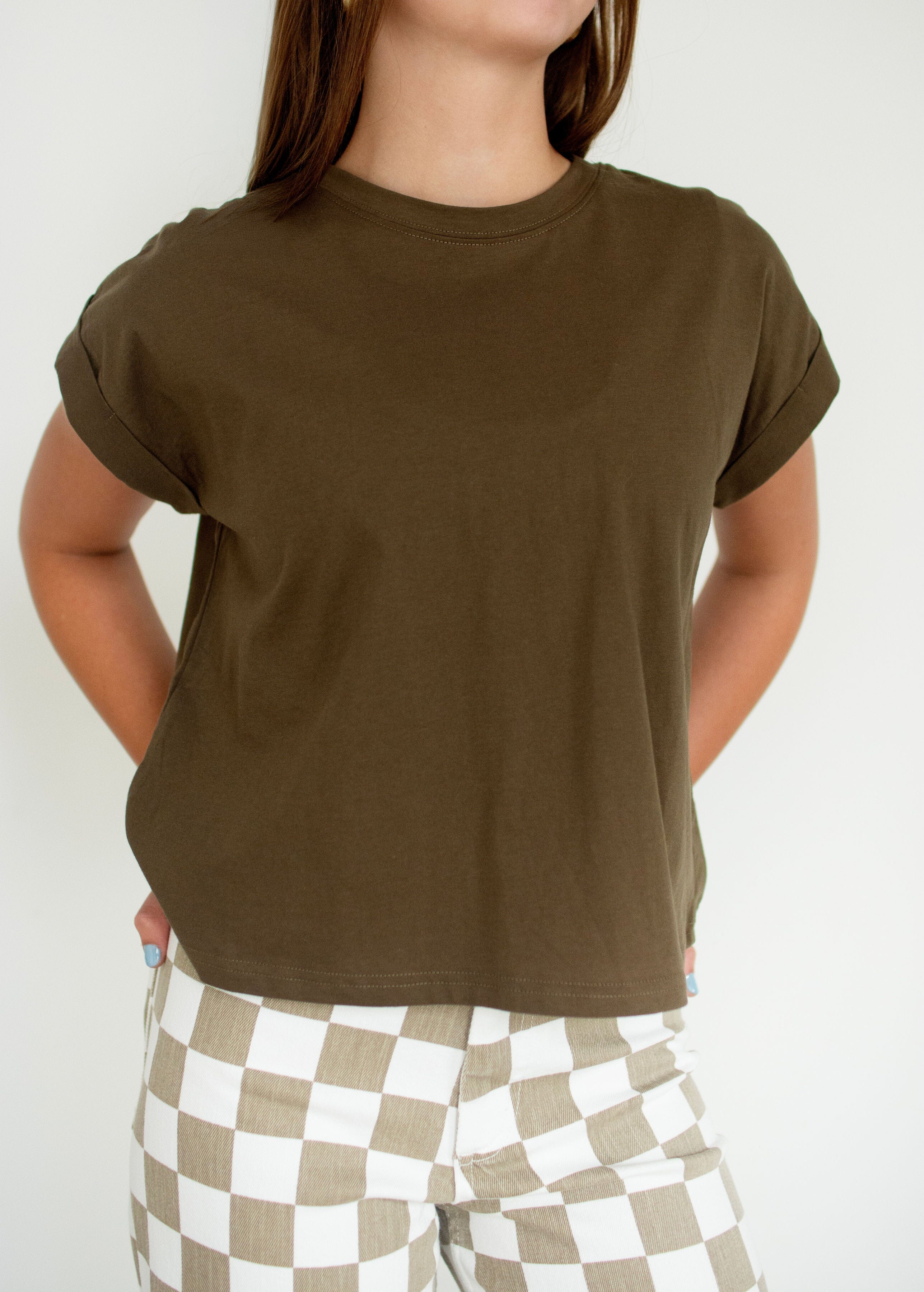 Essential Olive 100% Cotton Cuffed Sleeve Tee