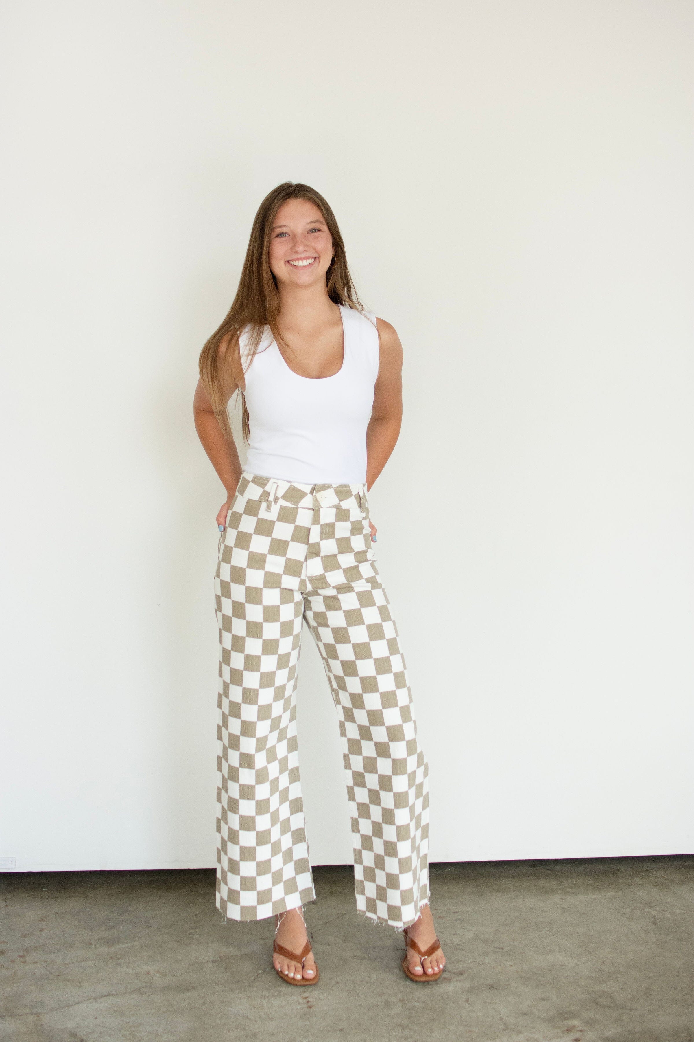 Tan Checkerboard High-Rise Wide-Leg Stretch Pants