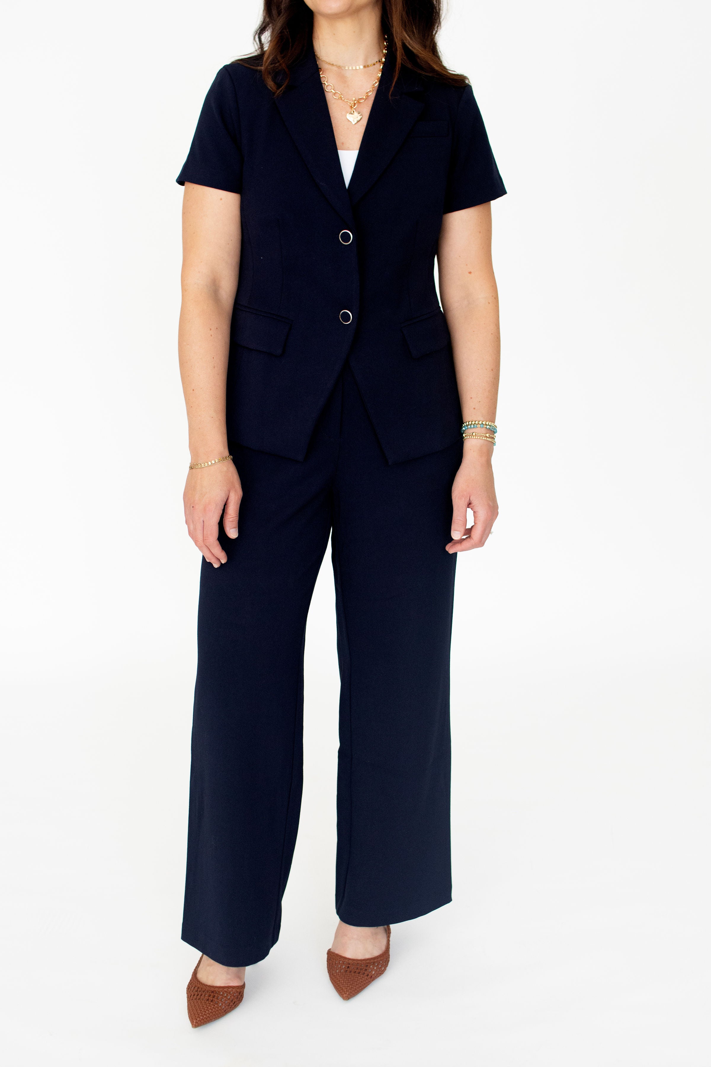Navy Pintuck Tailored Straight-Leg Trousers