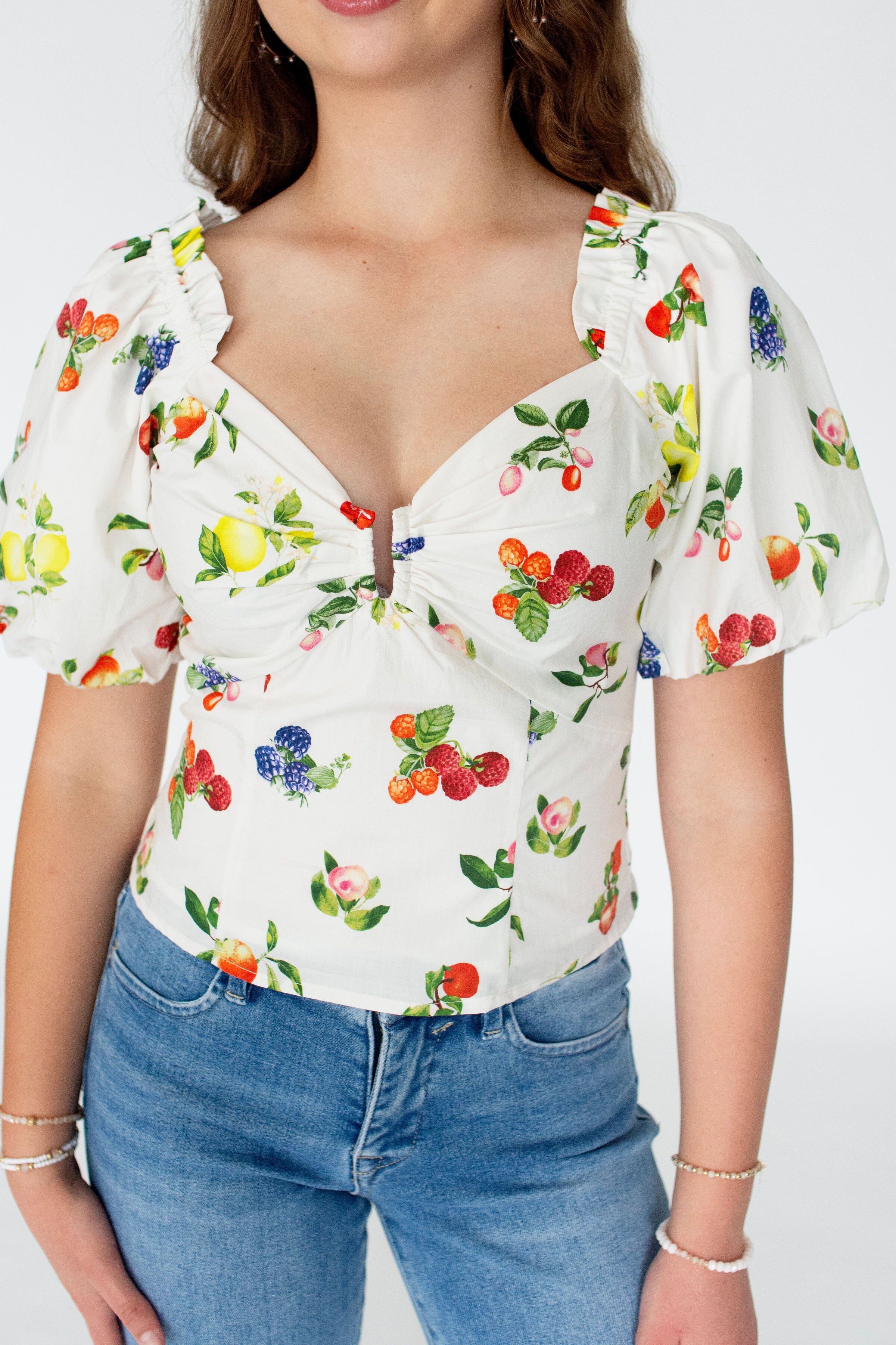 Fruit Print Puff Sleeve Blouse – White Multi