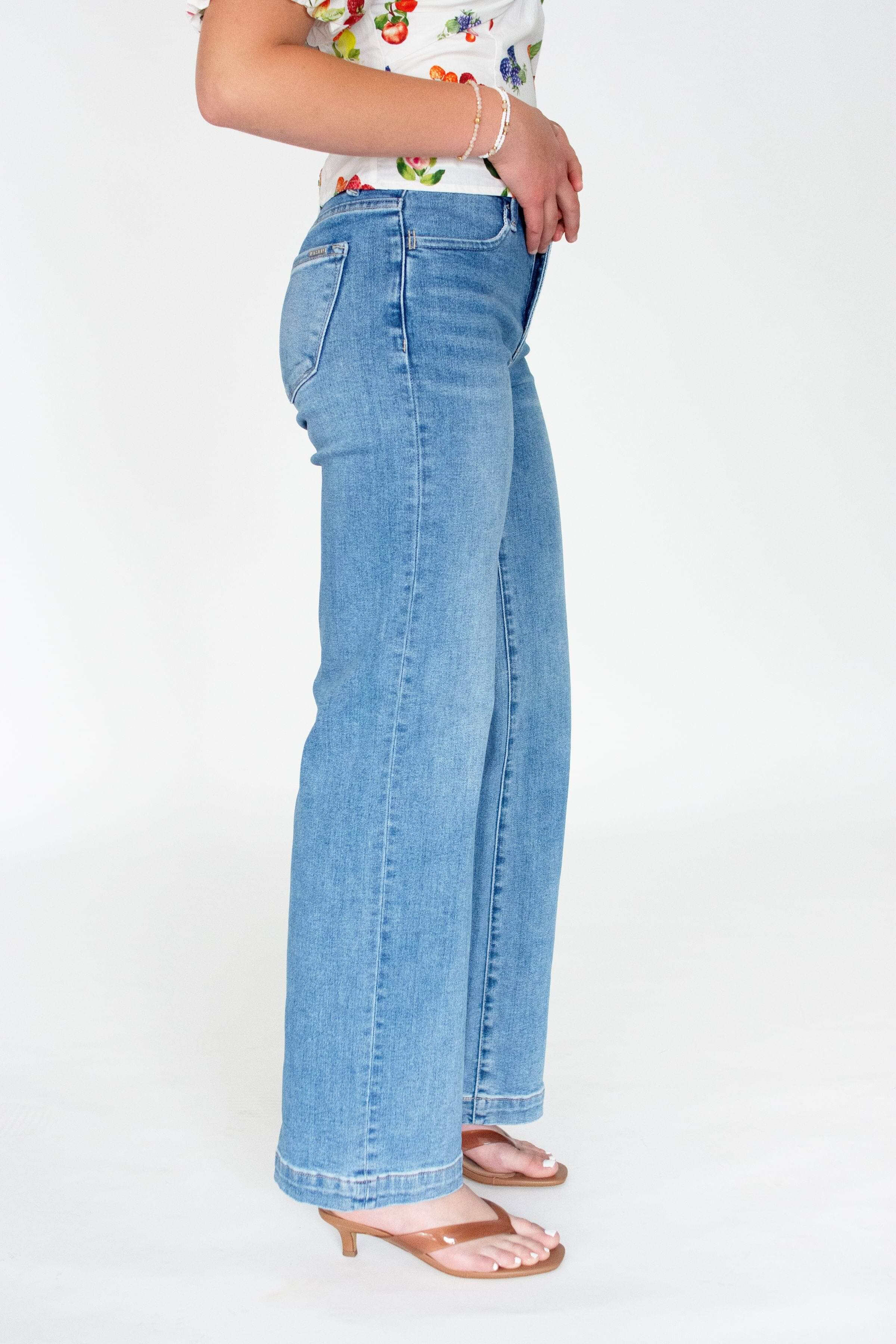 RISEN Tummy Control Mid-Rise Wide-Leg Jeans - Medium Wash