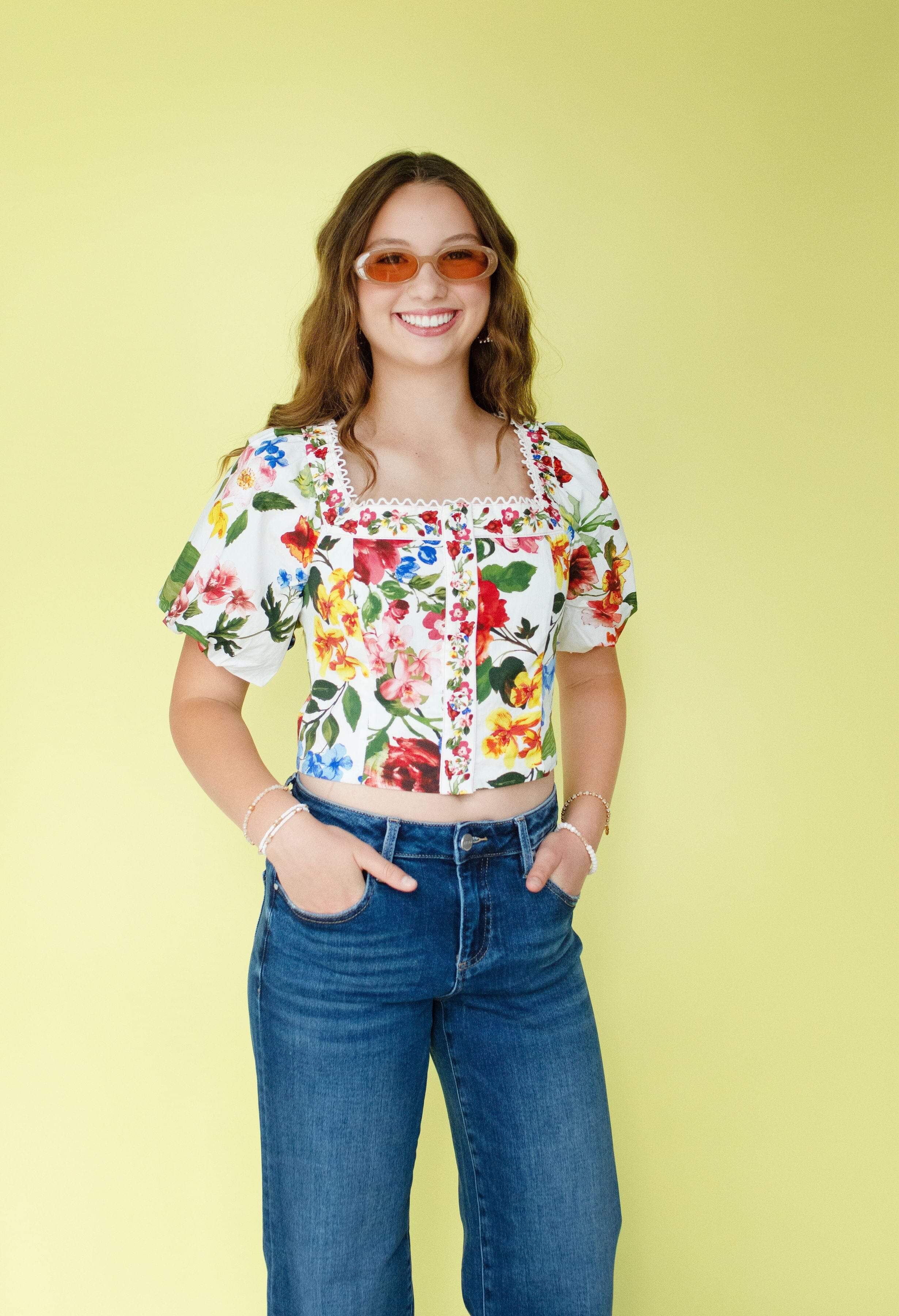 Vintage Floral Puff Sleeve Smocked Crop Top
