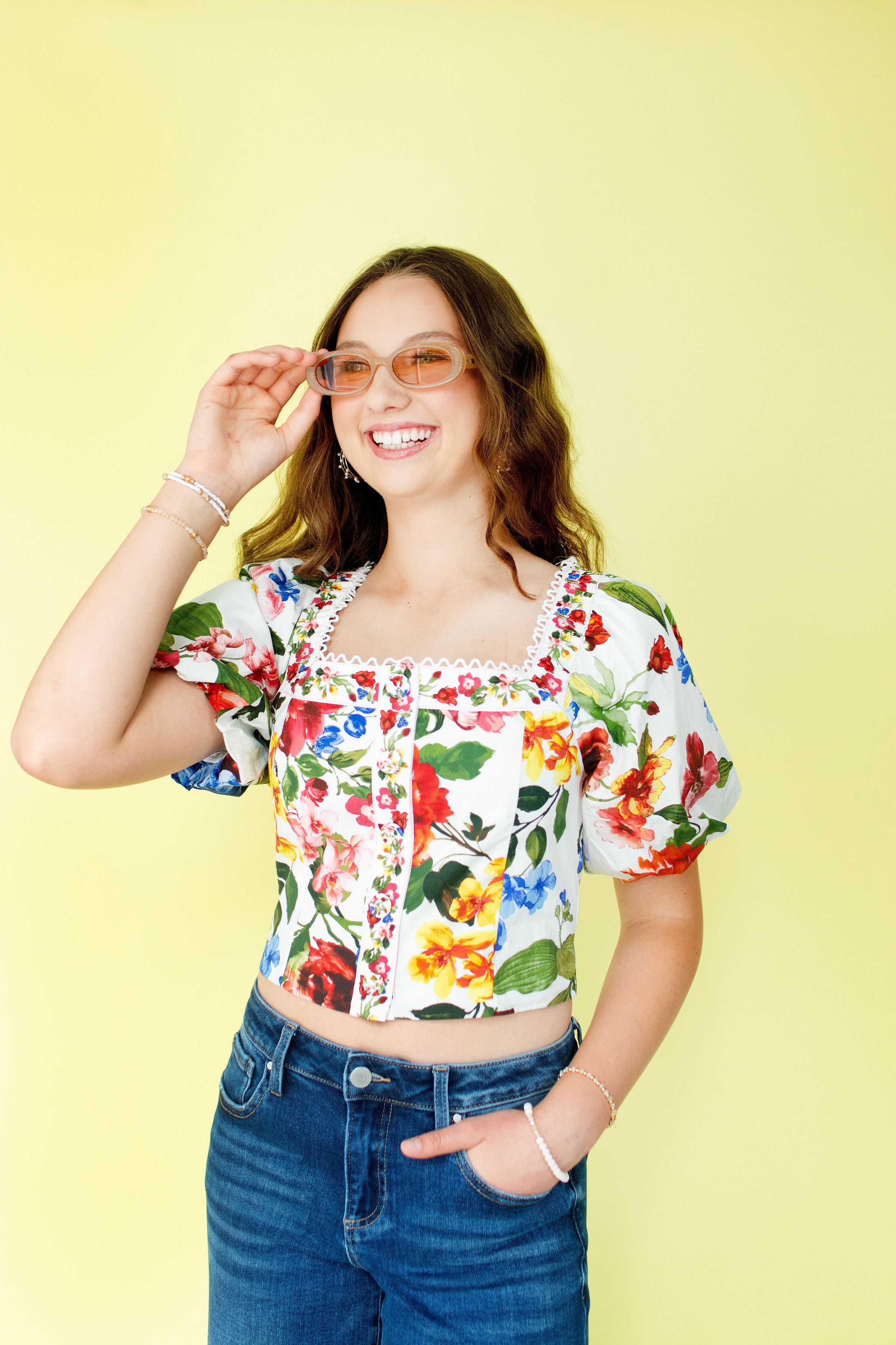Vintage Floral Puff Sleeve Smocked Crop Top