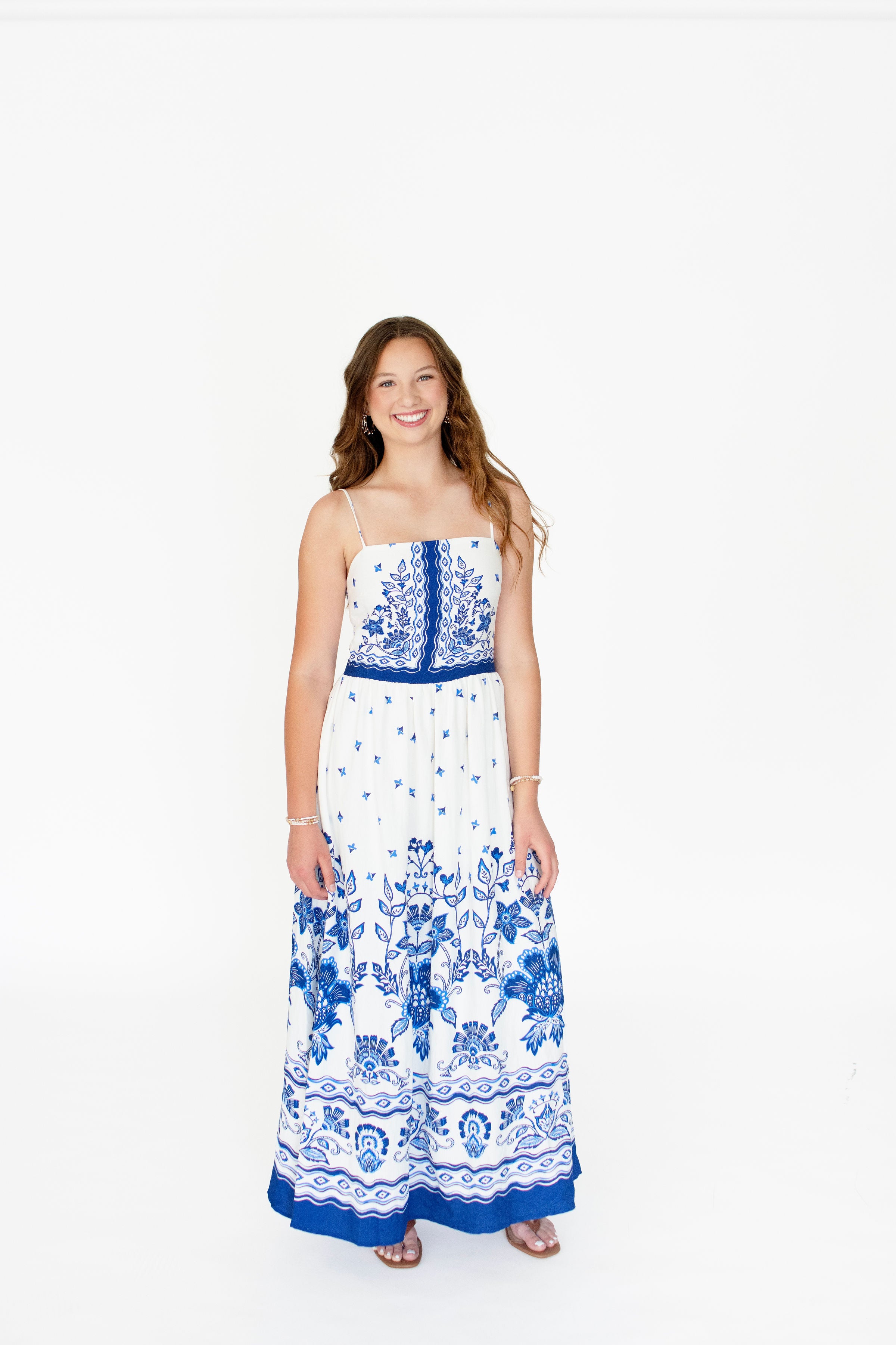 Serene Blue Floral Border Print Maxi Dress