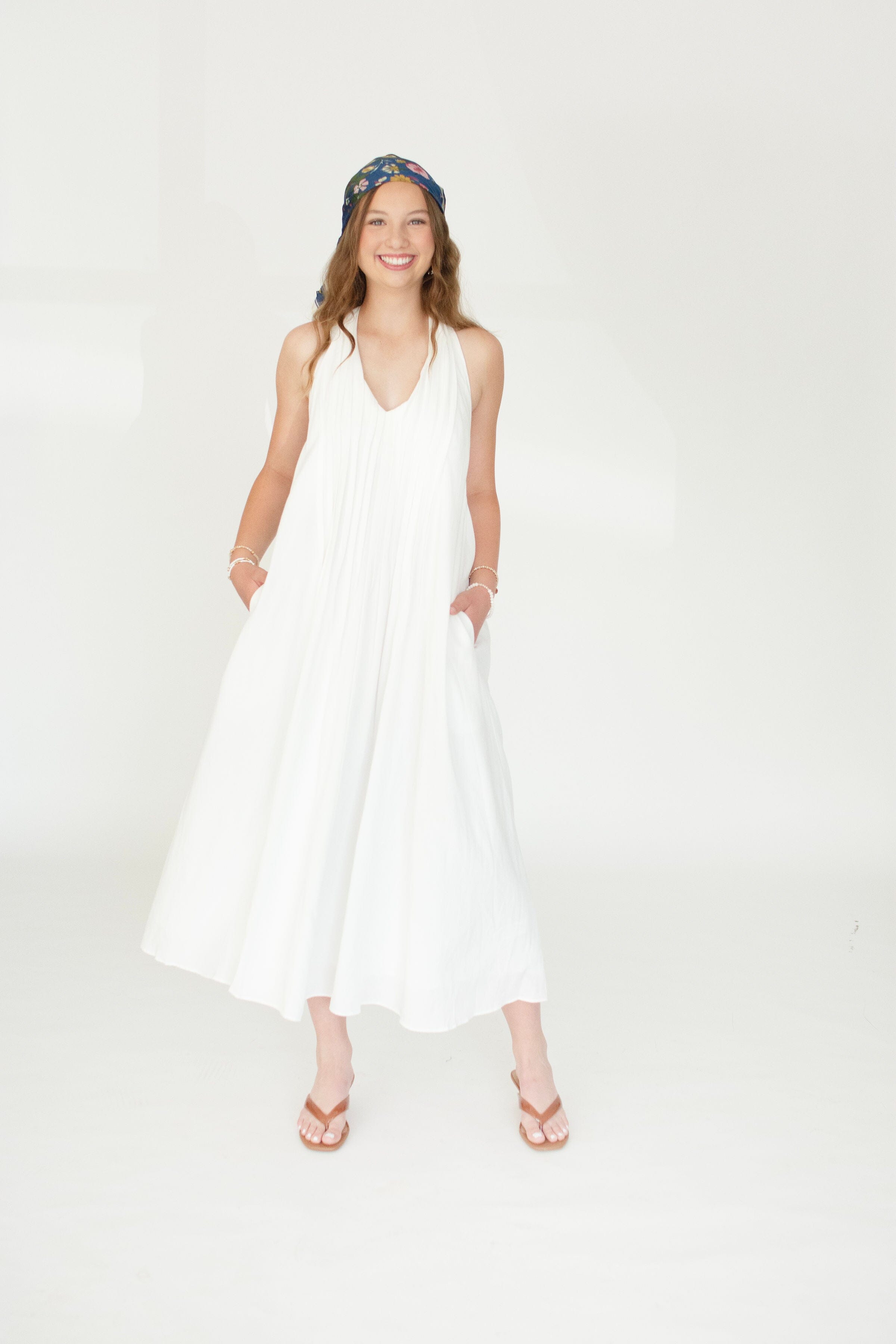 Serene Pintuck Halter Midi Dress – Off White