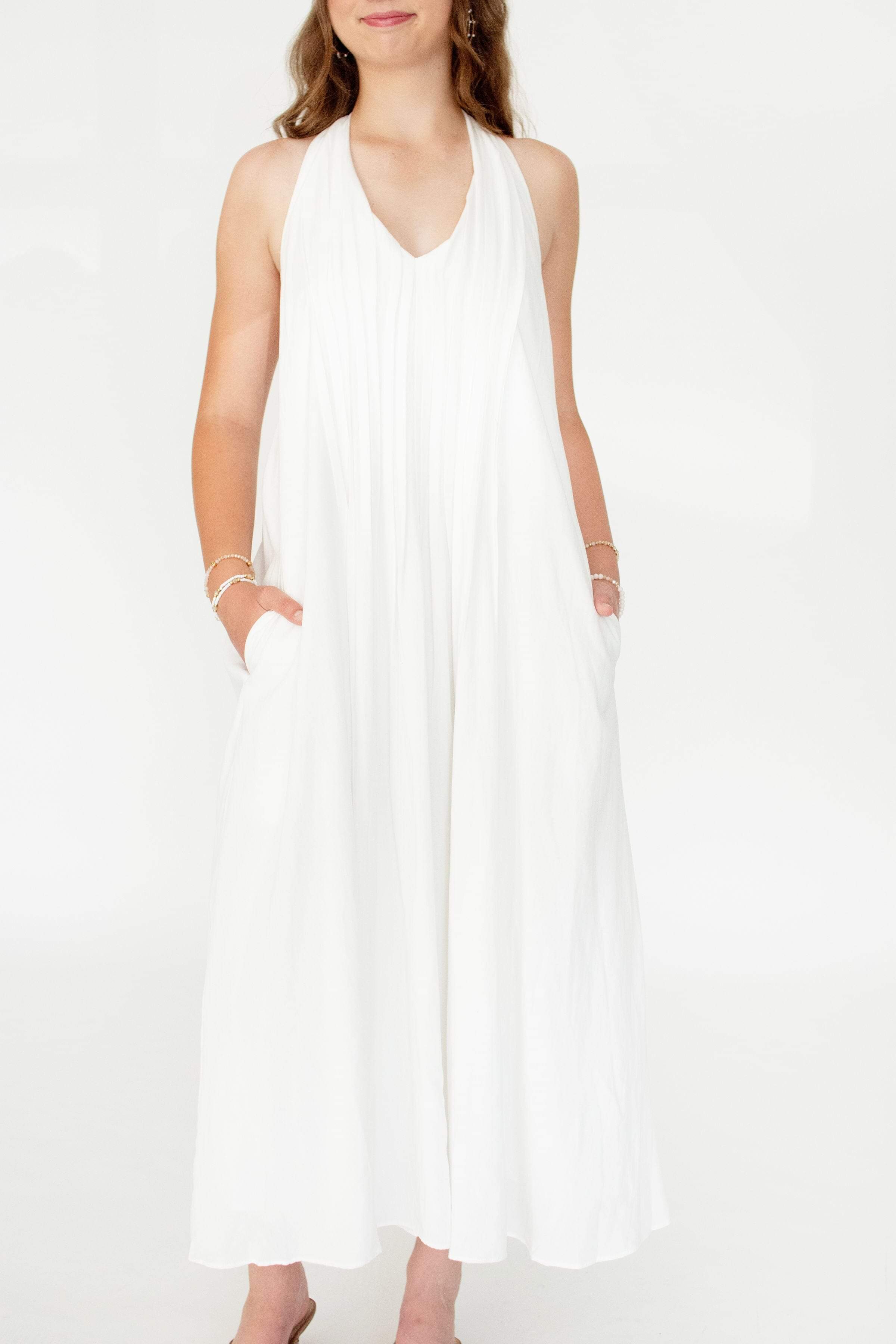 Serene Pintuck Halter Midi Dress – Off White