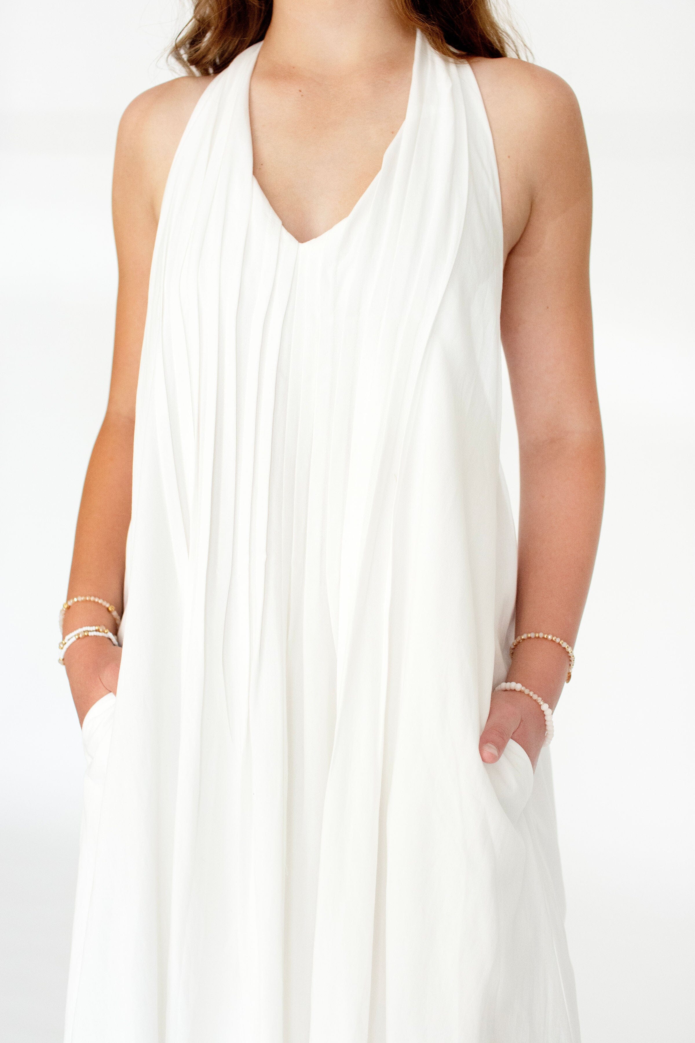 Serene Pintuck Halter Midi Dress – Off White