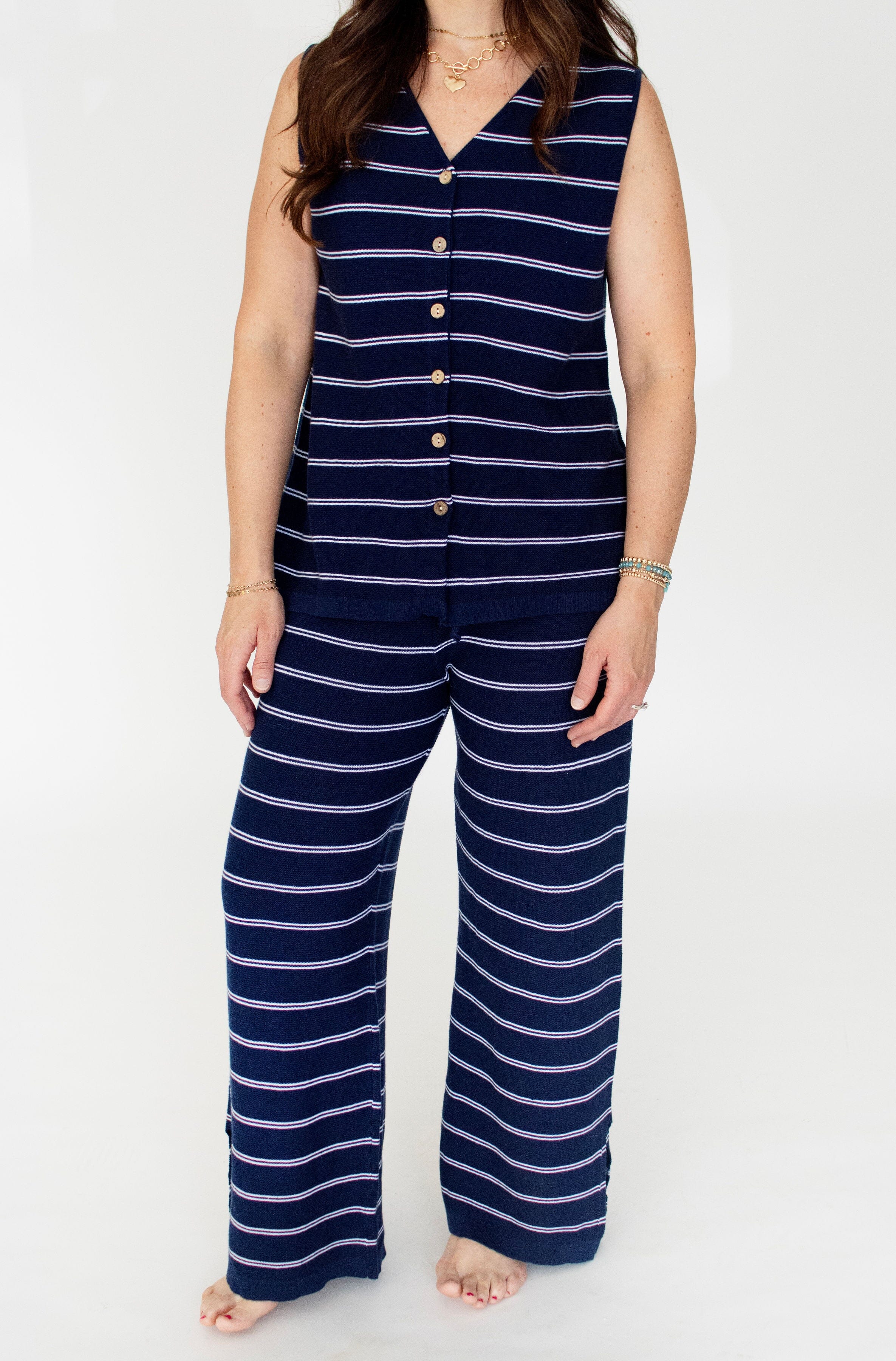 Navy Stripe Linen-Cotton Sleeveless Sweater Top