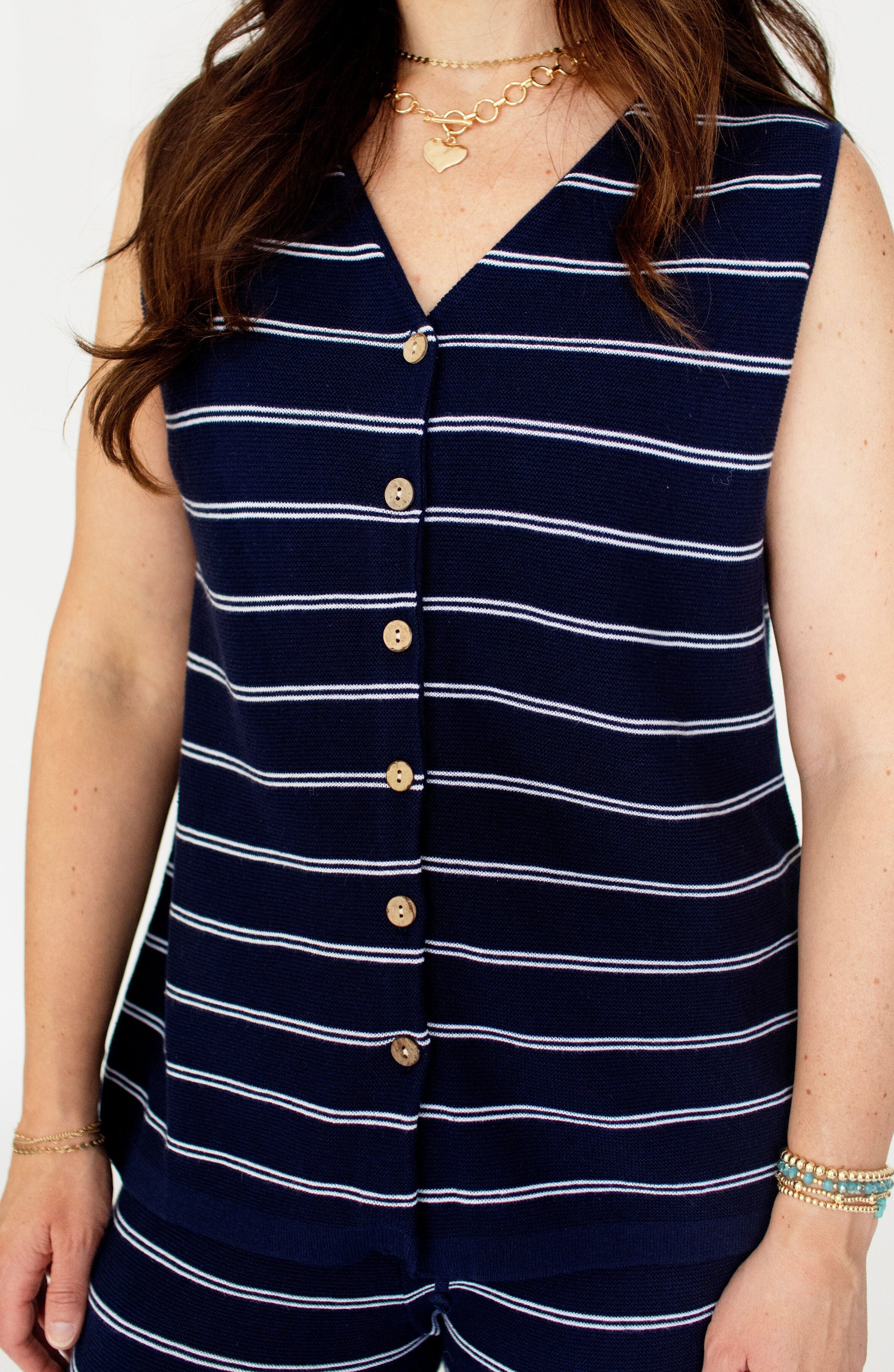 Navy Stripe Linen-Cotton Sleeveless Sweater Top