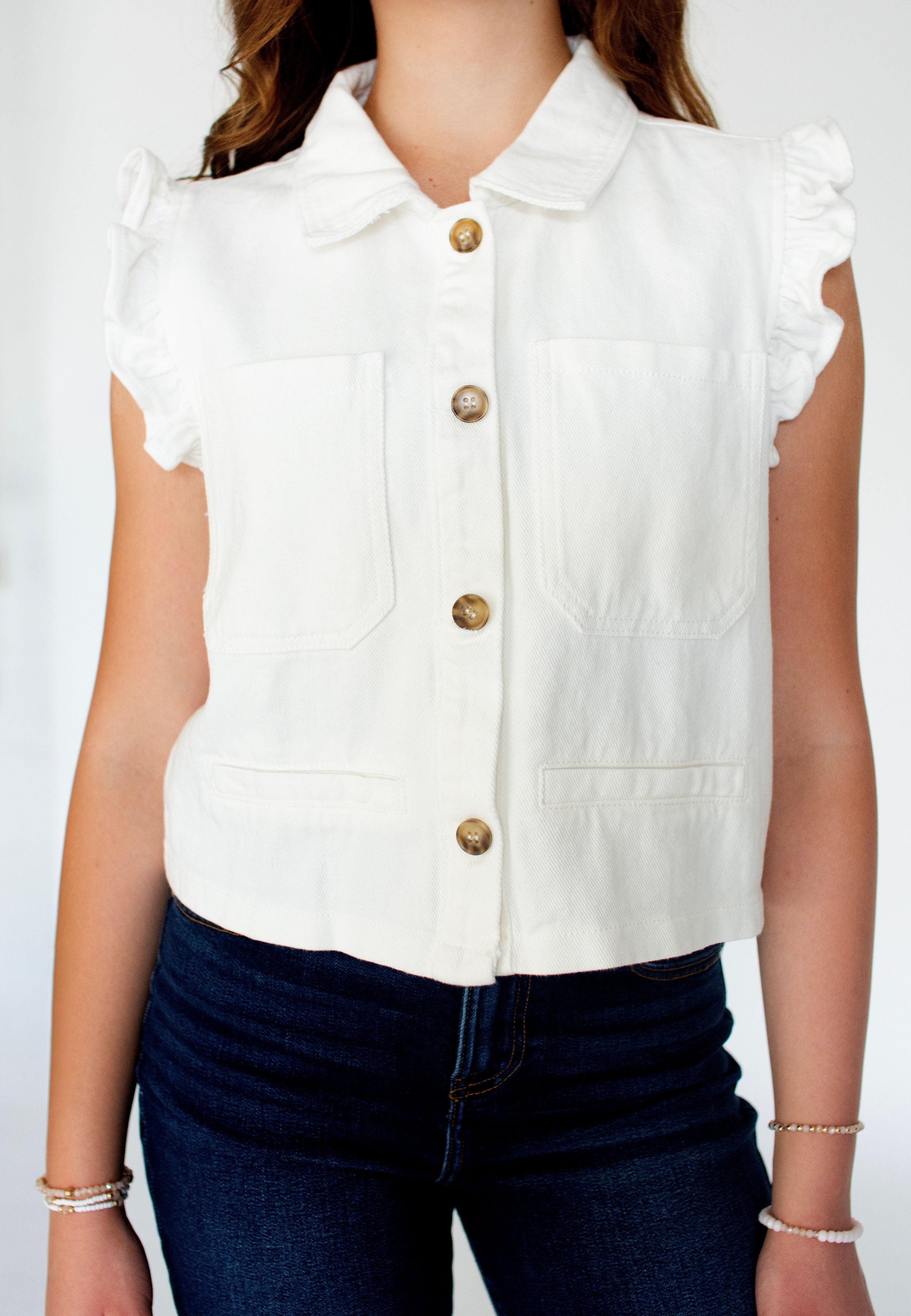 Chic White Ruffle Sleeve Button-Down Twill Vest