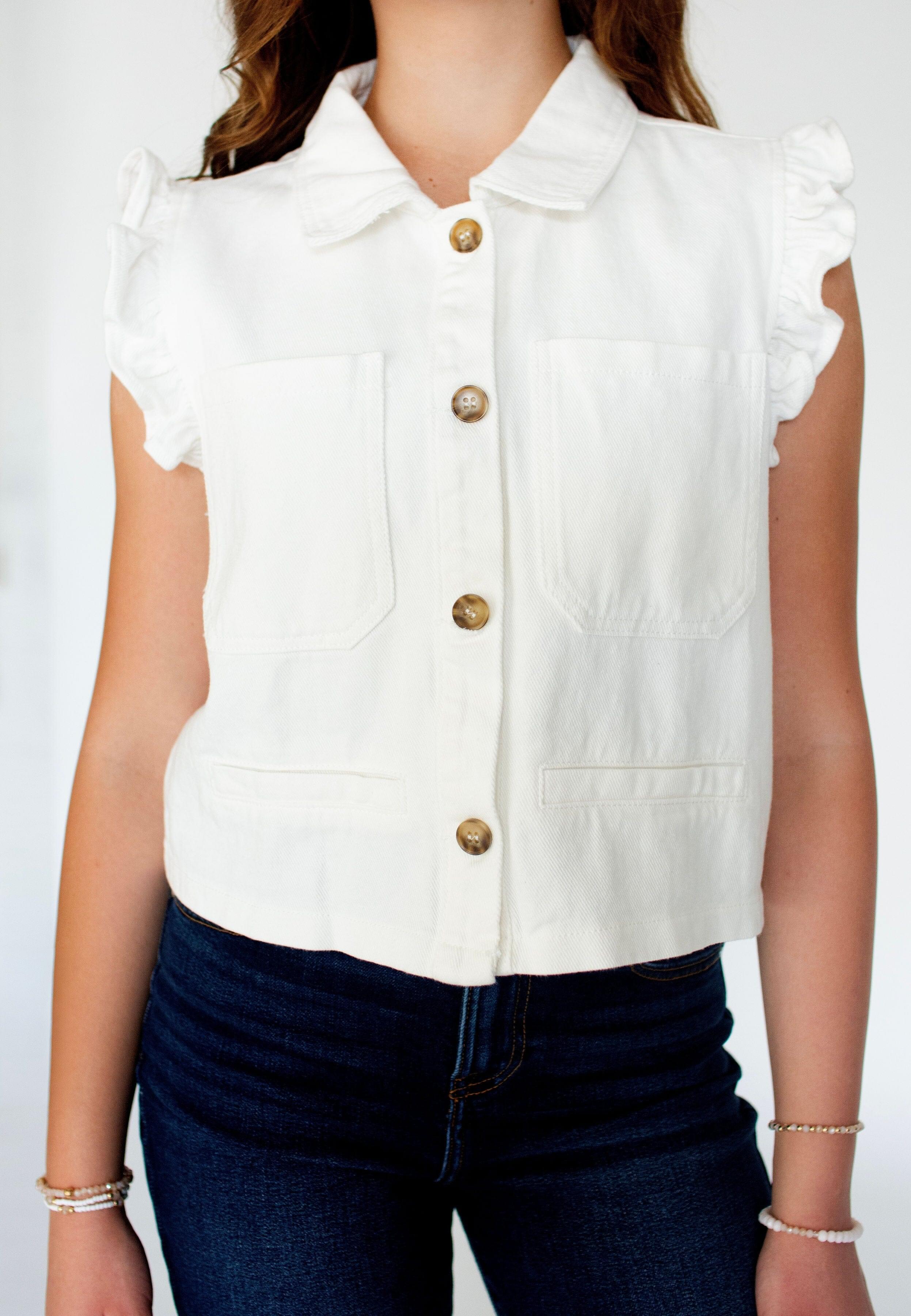 Chic White Ruffle Sleeve Button-Down Twill Vest