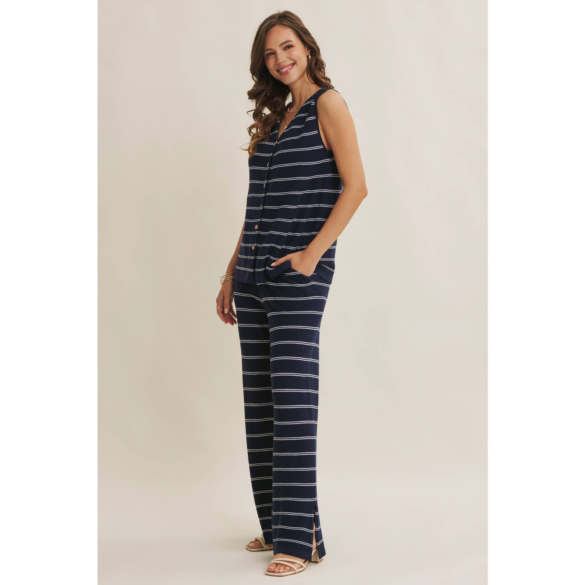 BAYSIDE LEISURE STRIPED BUTTON-DOWN LINEN BLEND SWEATER TOP: NAVY/CREAM / S | Stella & Grace Boutique .