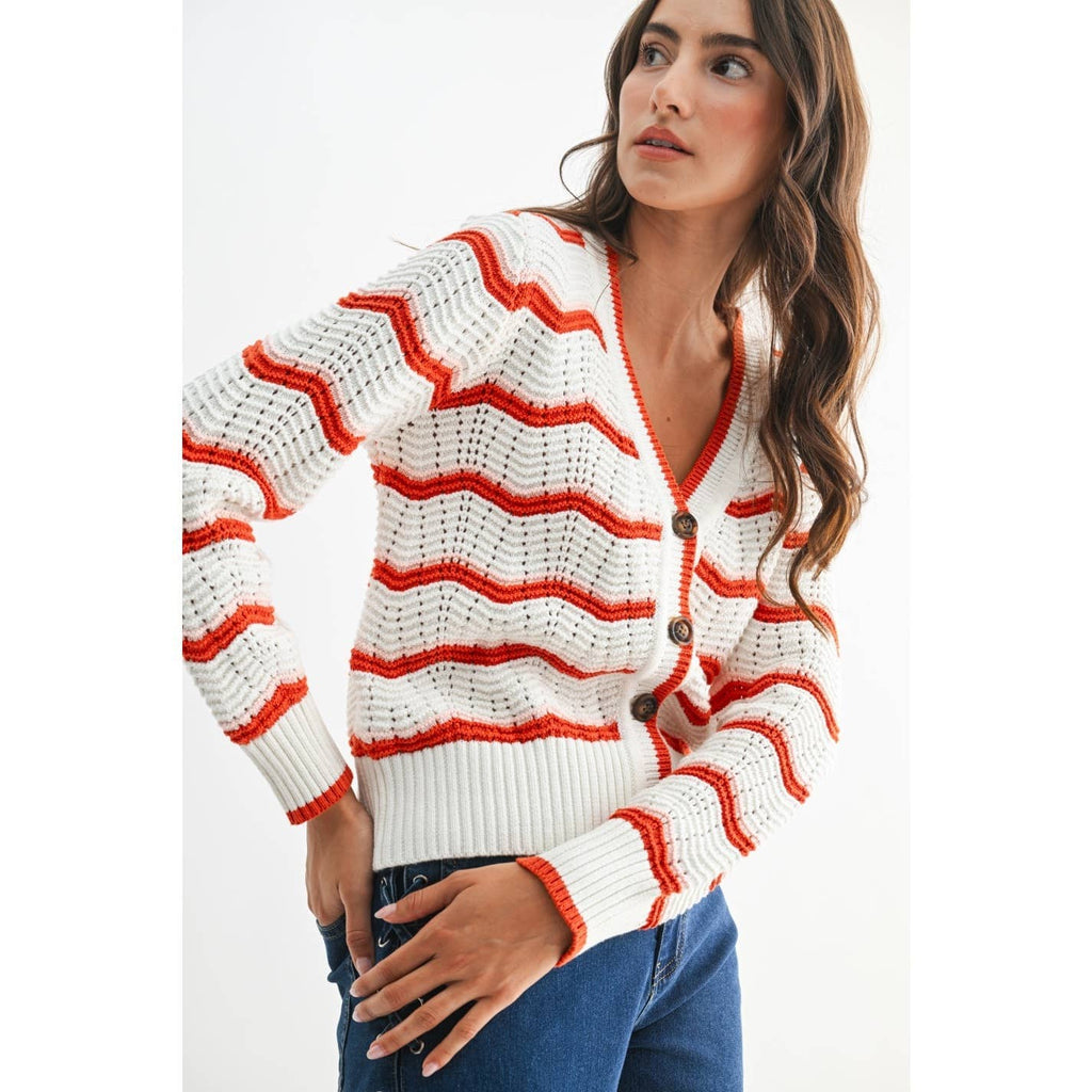 CHEVRON STRIPE BUTTON-UP KNIT CARDIGAN: CREAM/RUST MULTI / S-M-L(3-2-1)