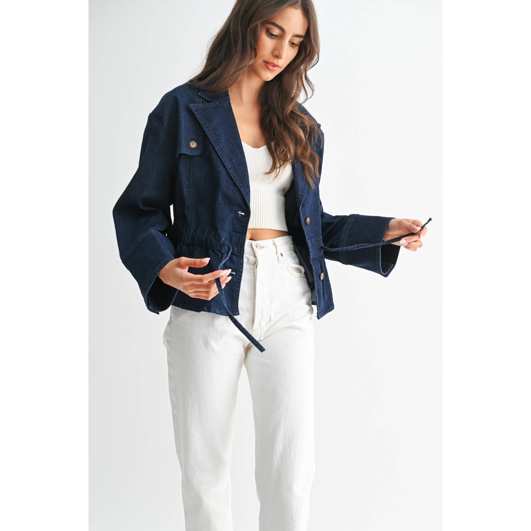 PREMIUM DENIM JACKET WITH ADJUSTABLE WAIST: DARK DENIM / S-M-L(3-2-1)