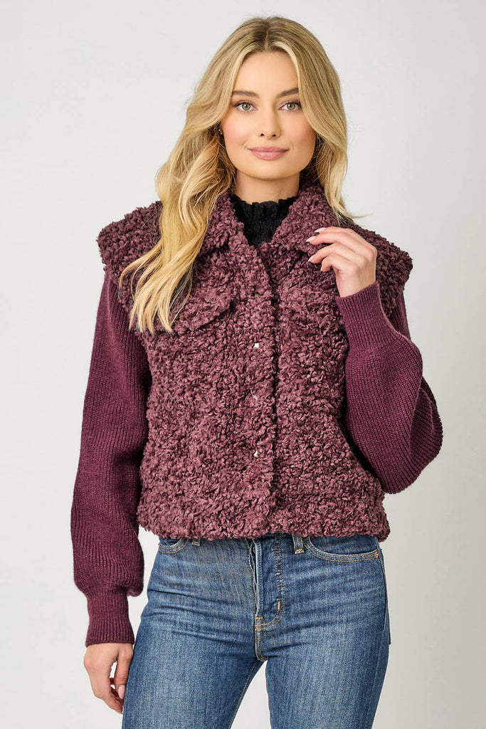 61251 Mixed Media Sweater Jacket: Merlot / Small